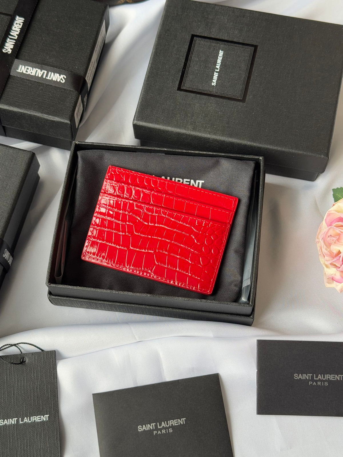 YSL Card Holder 10cm Wallet Red Gold Leather 240563