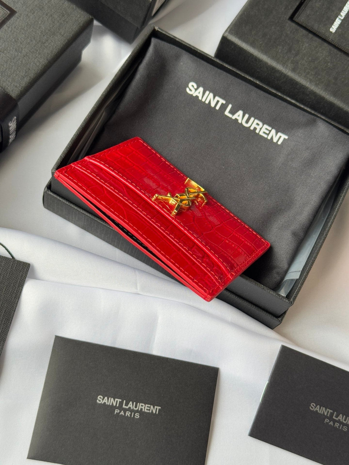 YSL Card Holder 10cm Wallet Red Gold Leather 240563