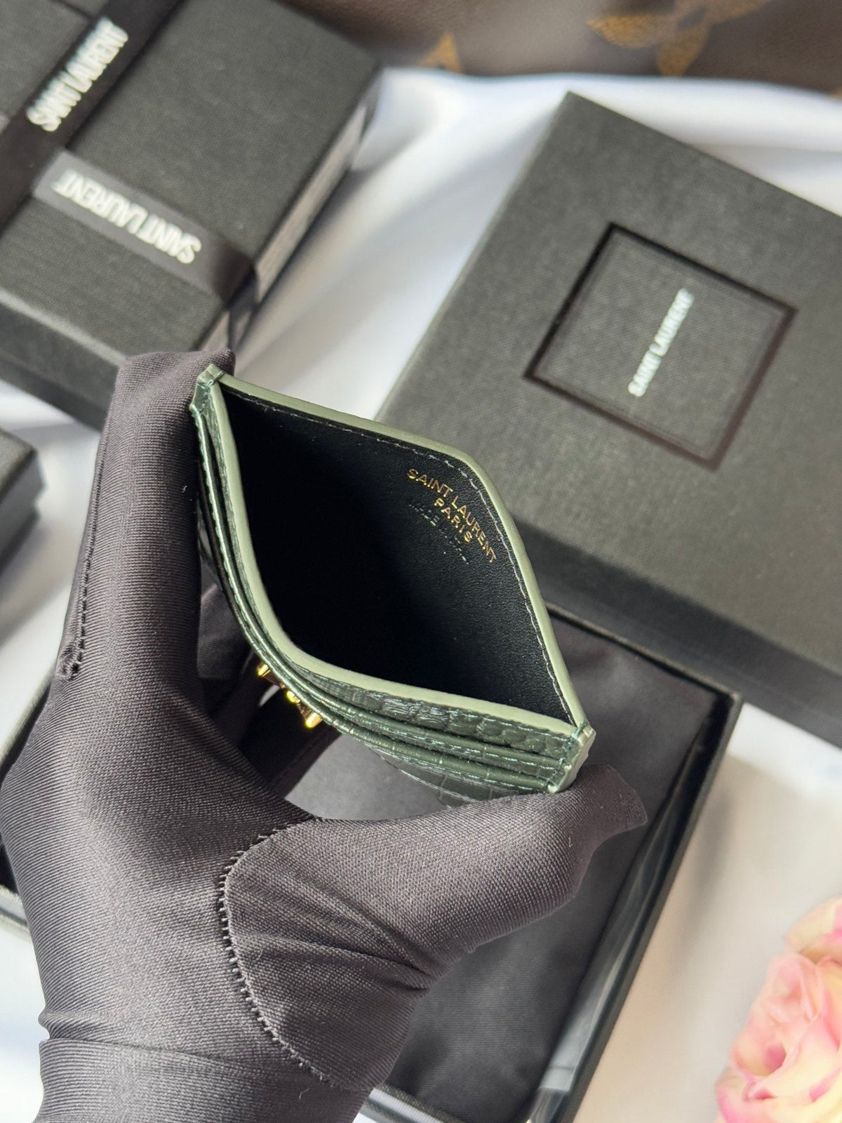 YSL Card Holder 10cm Wallet Dark Green Gold Leather 240561