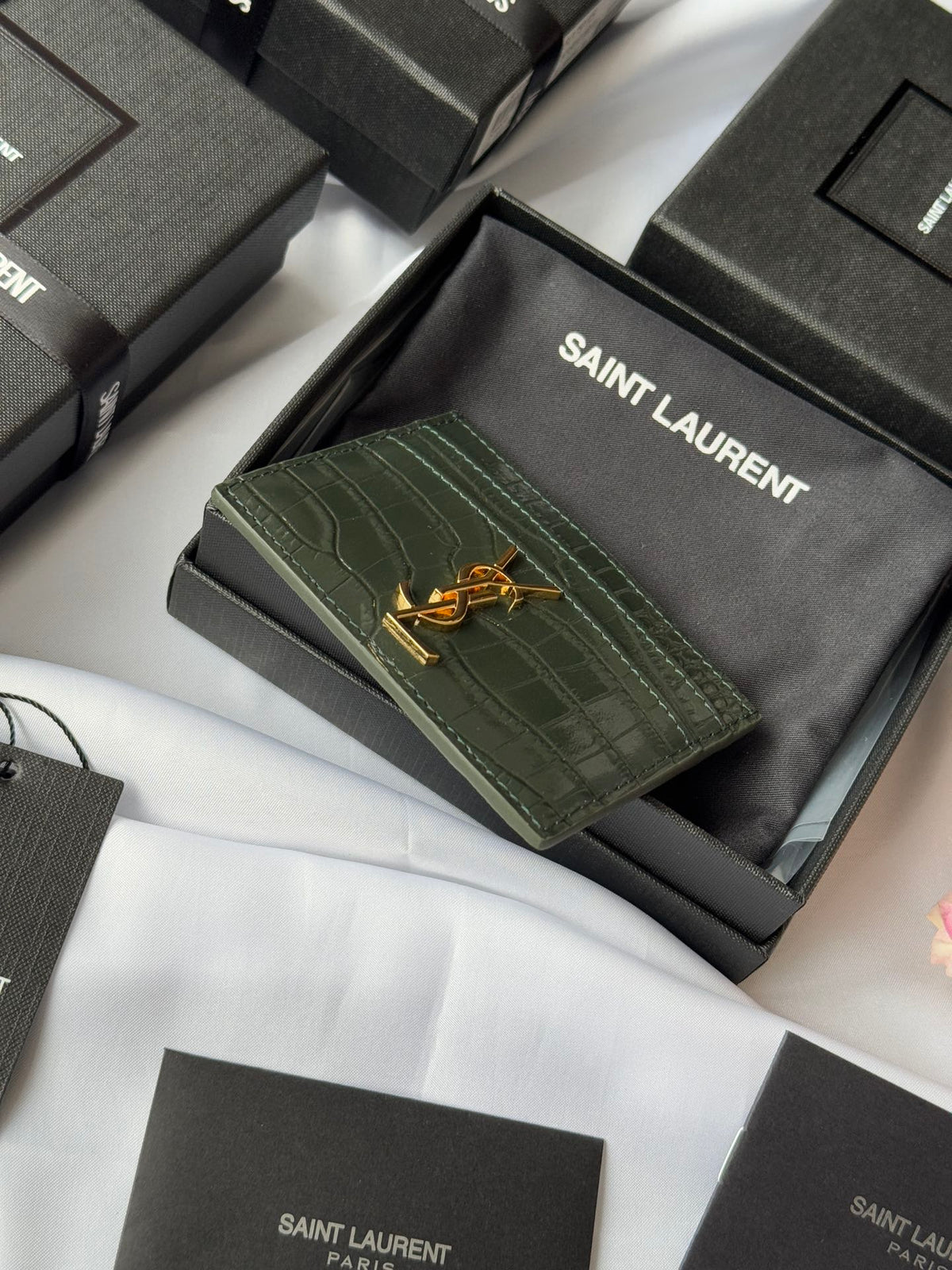 YSL Card Holder 10cm Wallet Dark Green Gold Leather 240561