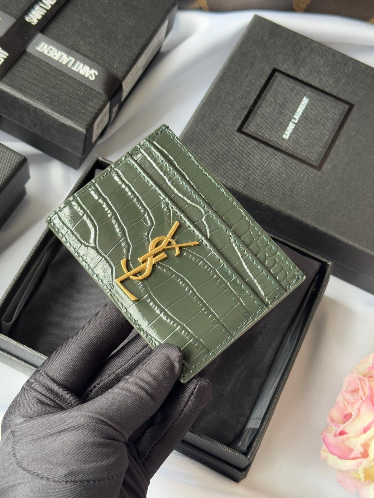 YSL Card Holder 10cm Wallet Dark Green Gold Leather 240561