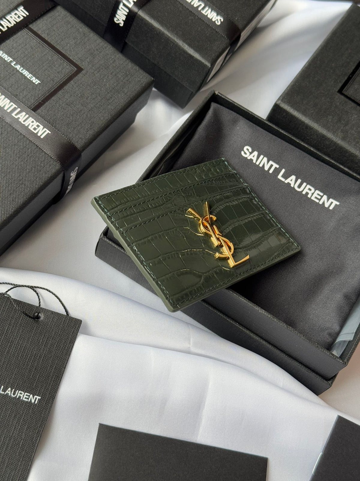 YSL Card Holder 10cm Wallet Dark Green Gold Leather 240561