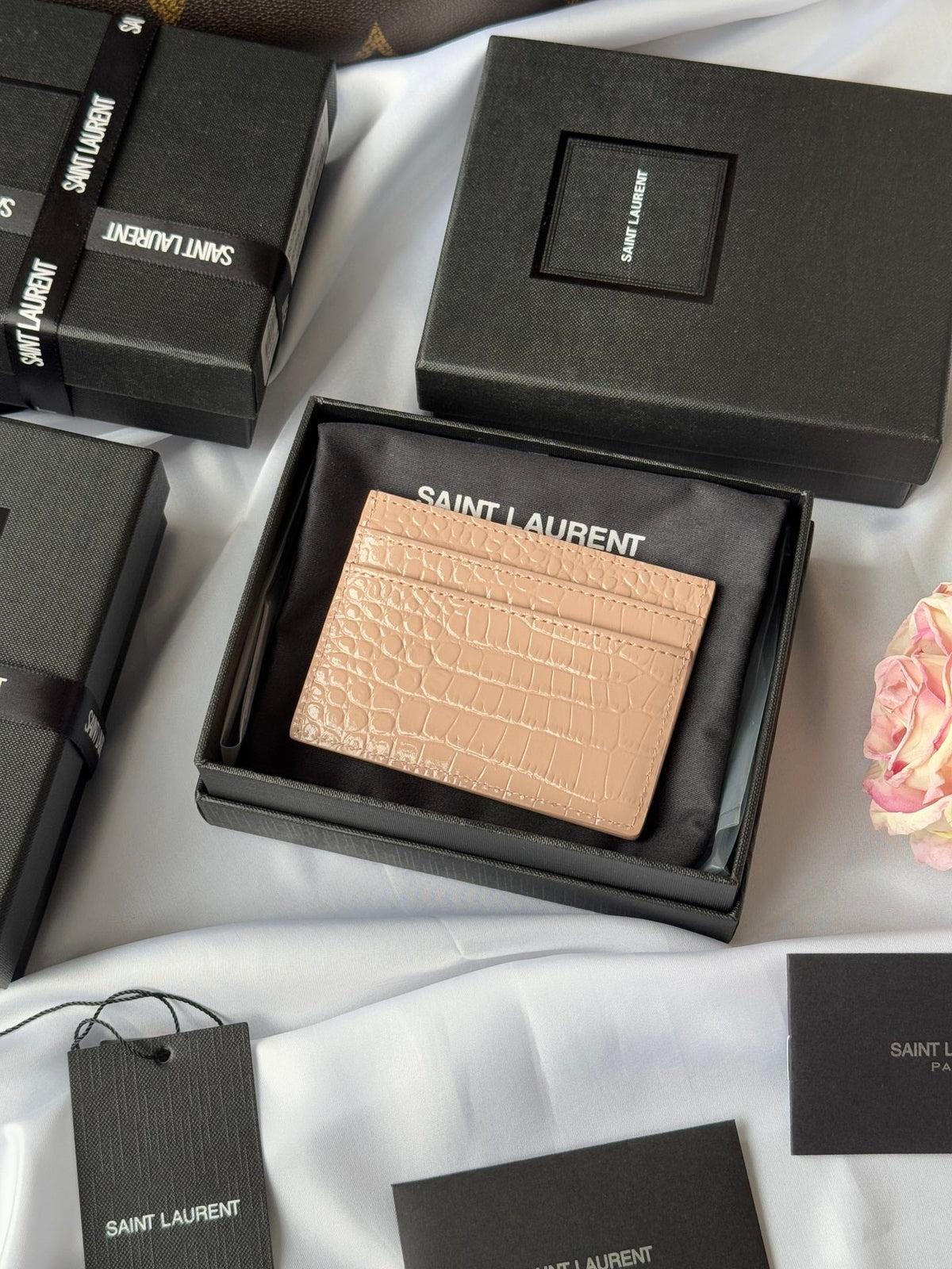 YSL Card Holder 10cm Wallet Pink Gold Leather 240557