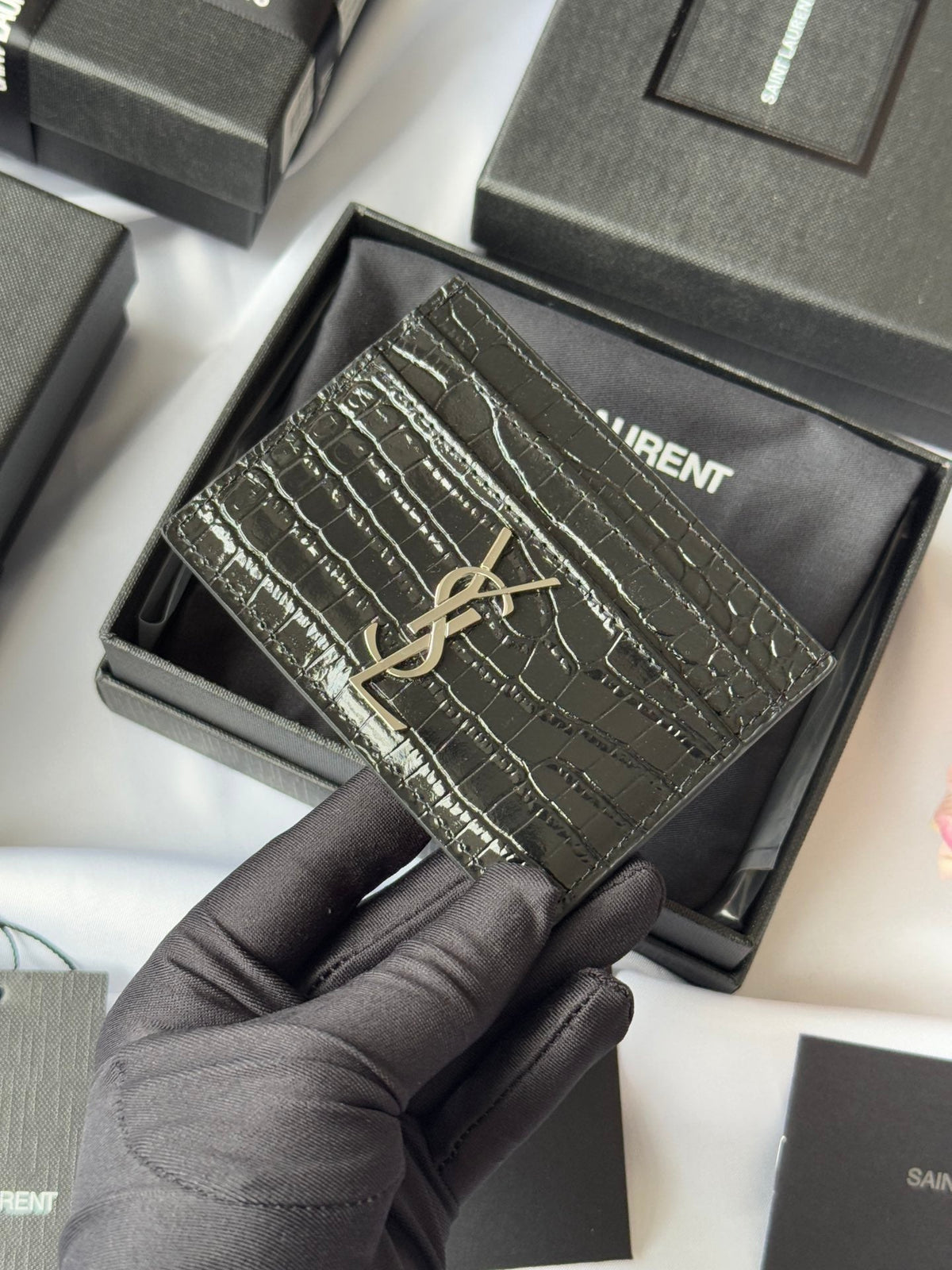 YSL Card Holder 10cm Wallet Black Silver Leather 240554