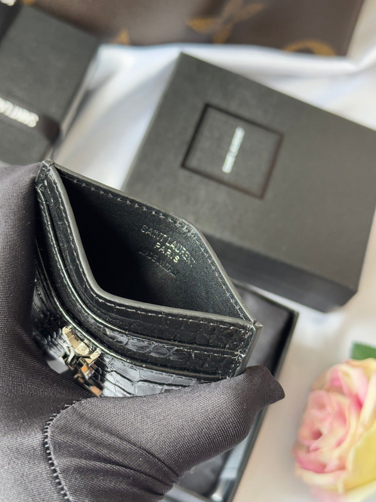 YSL Card Holder 10cm Wallet Black Silver Leather 240554