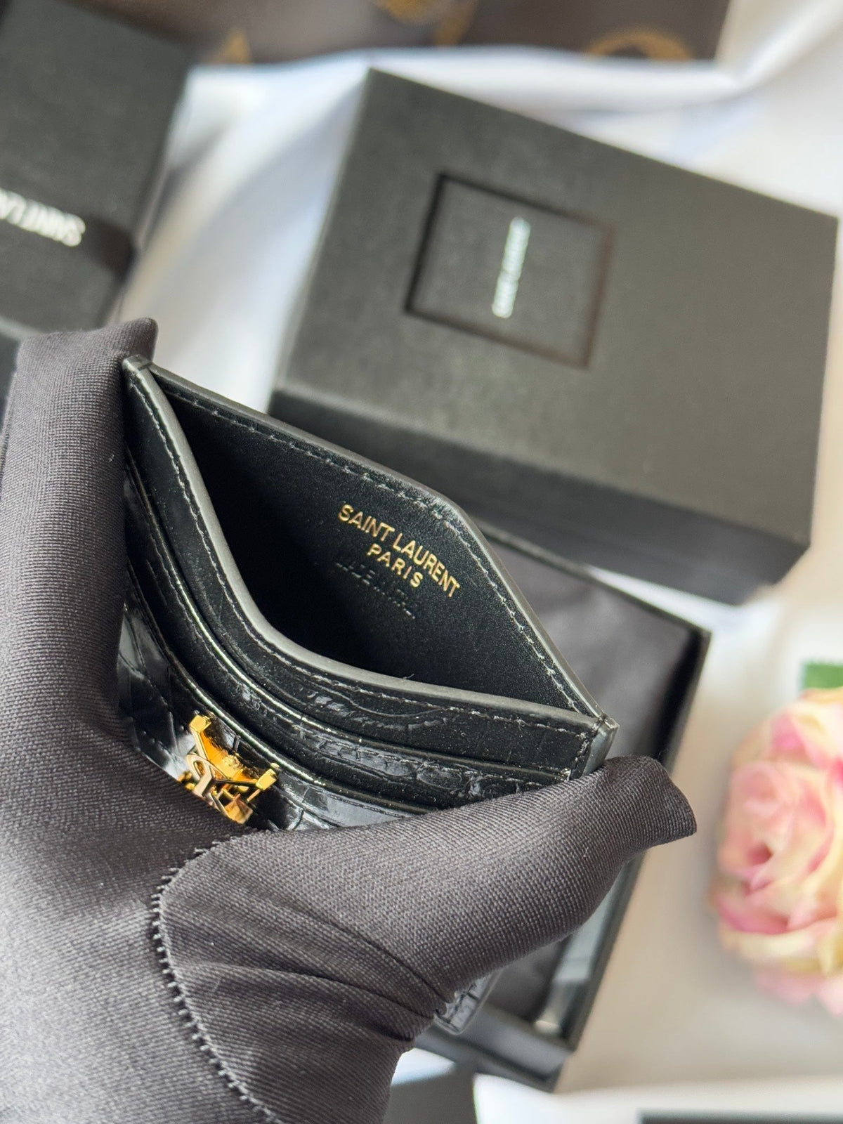 YSL Card Holder 10cm Wallet Black Gold Leather 240550