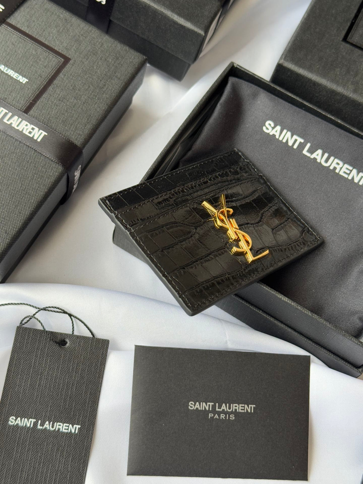YSL Card Holder 10cm Wallet Black Gold Leather 240550