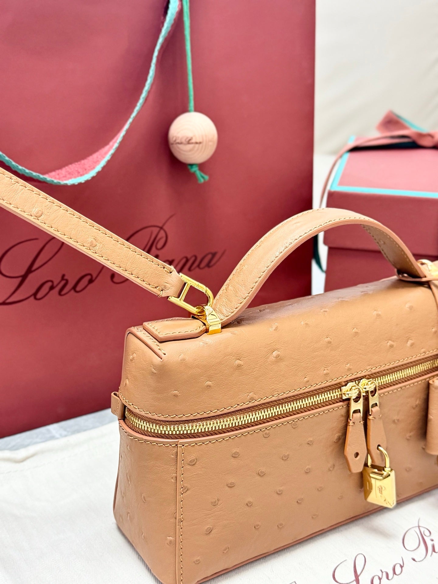 LP 2026 Extra Bag L23 Brown Ostrich Leather With Gold Hardware