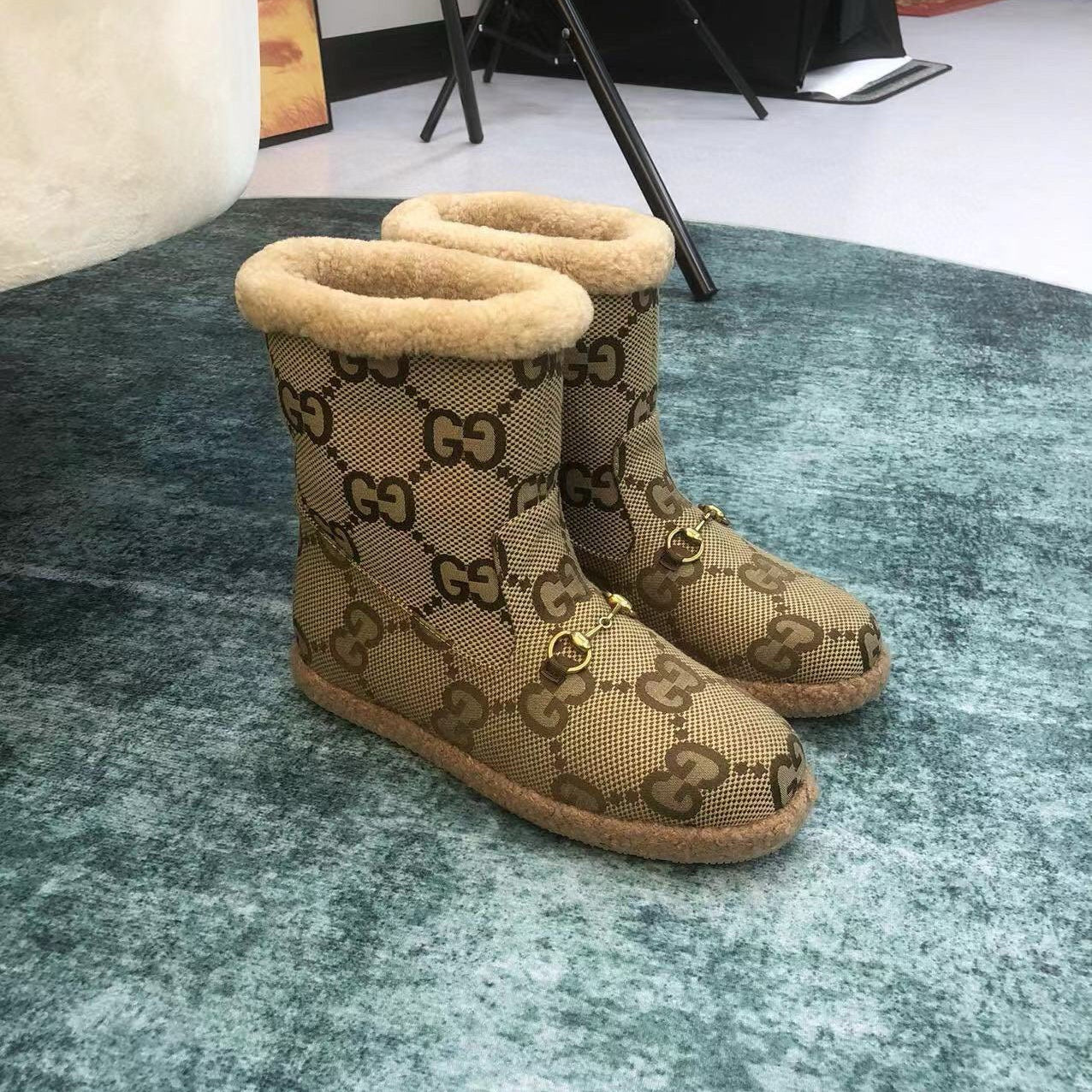 GG Horsebit Snow Boots Dark Beige Woolen Fabric Fleece 576252