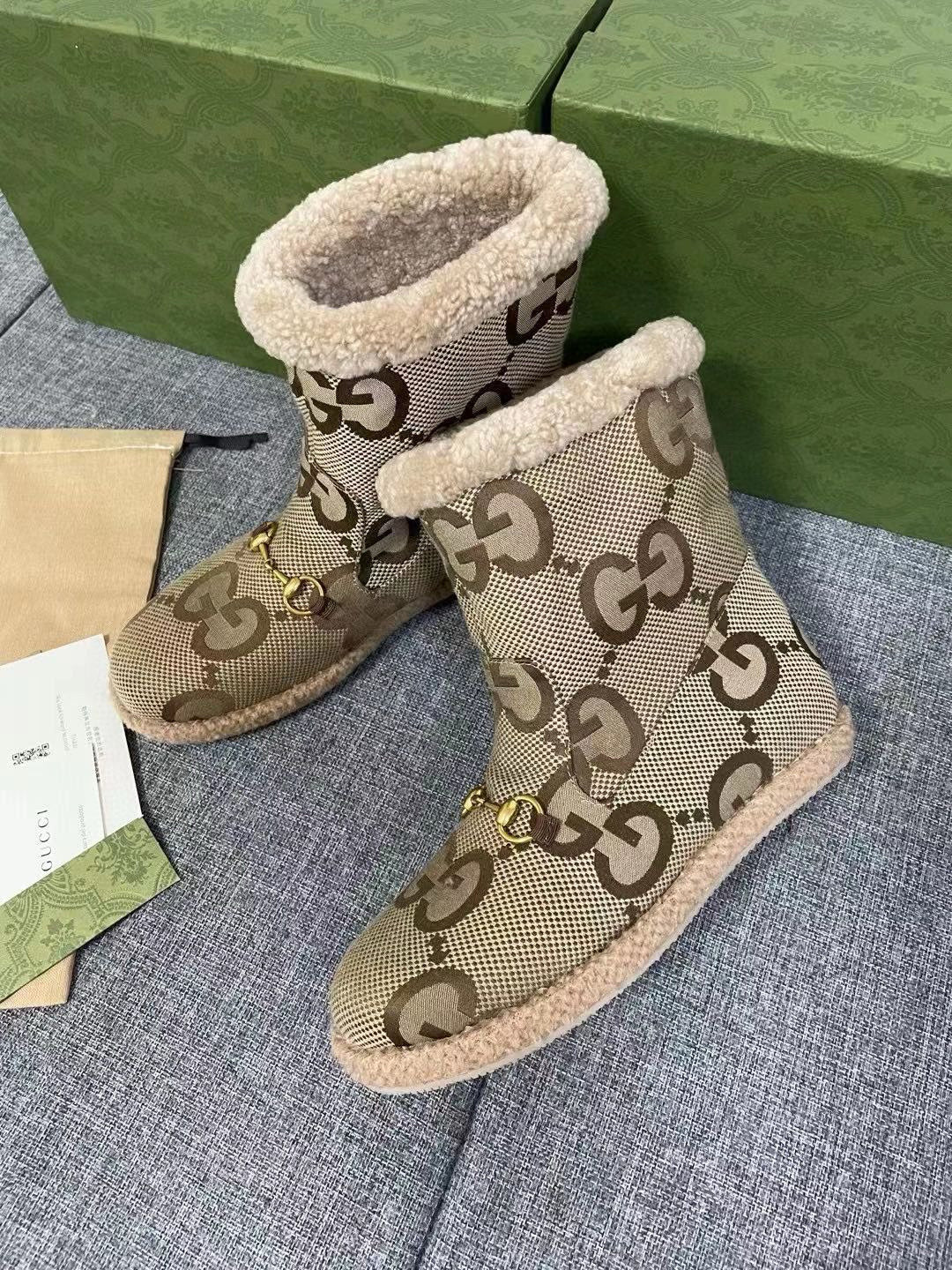 GG Horsebit Snow Boots Beige Woolen Fabric Fleece 576253