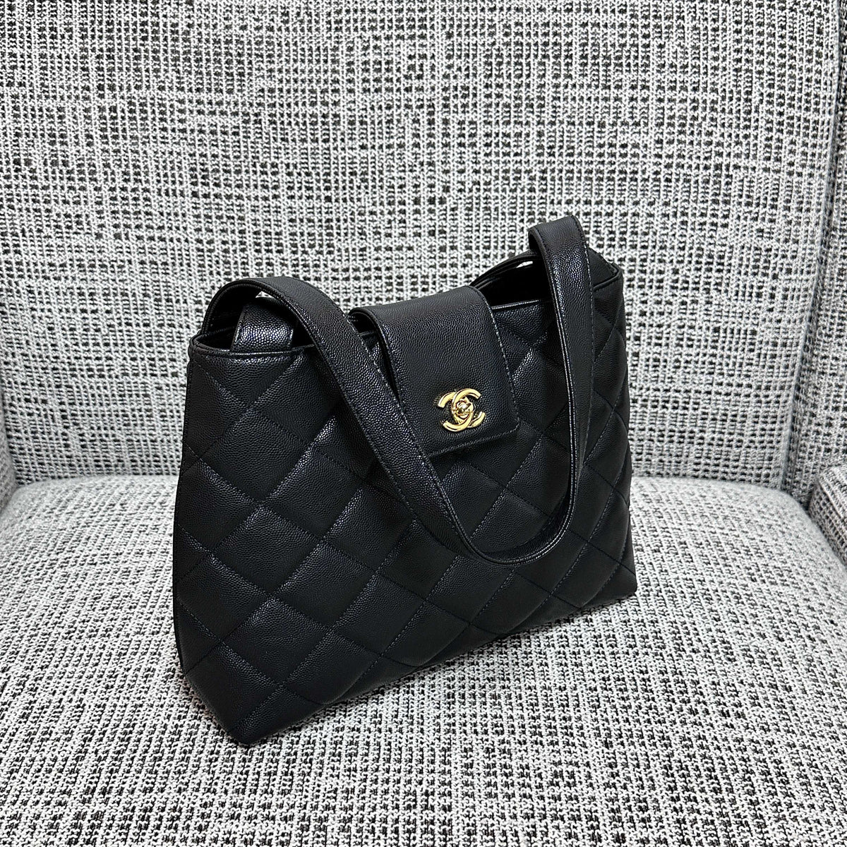 Chanel 2026 Caviar Diamond Flap Shoulder Bag 29cm Black Embossed Calfskin