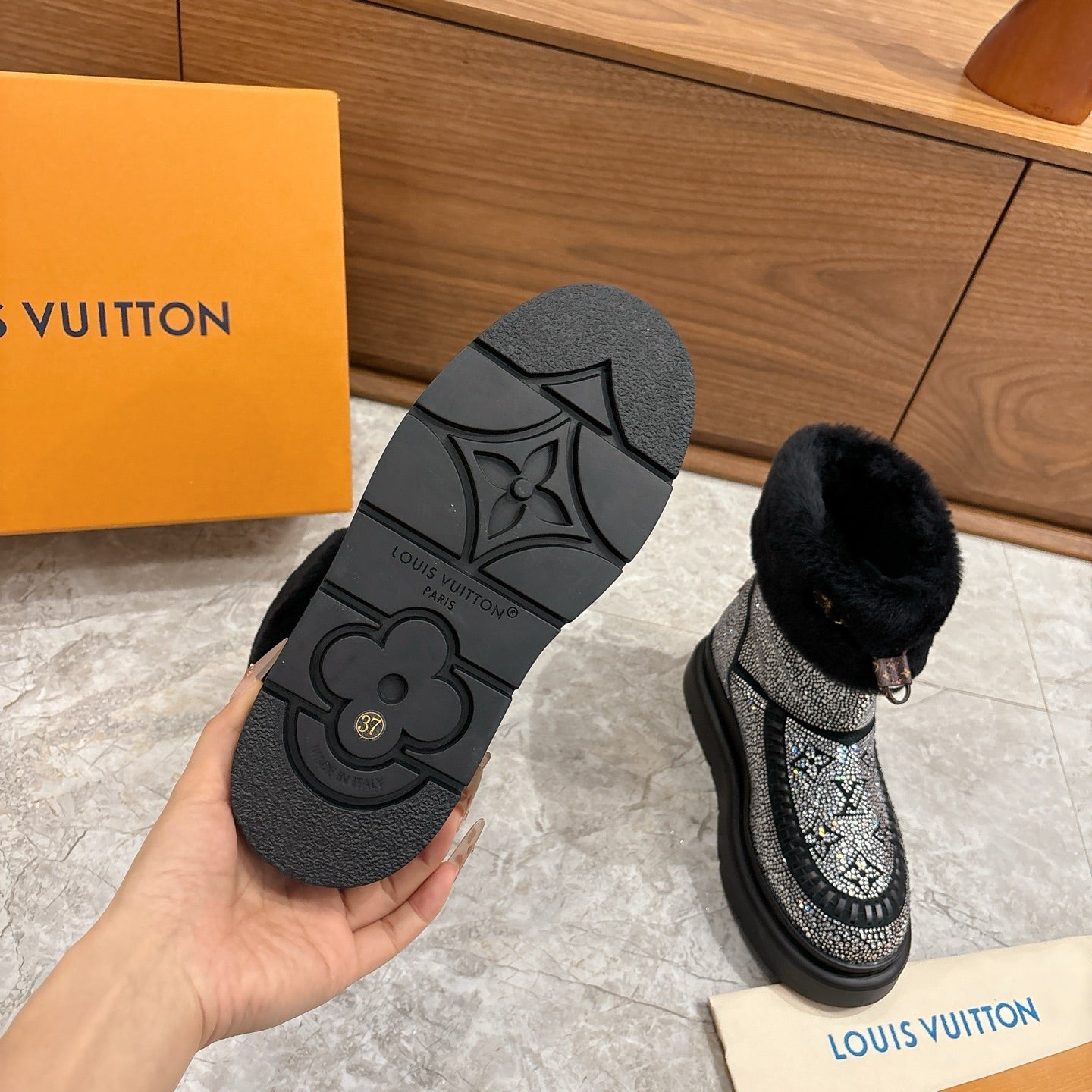 LV 2026 Cortina Ankle Boot Black Silver Sequin Wool 594928