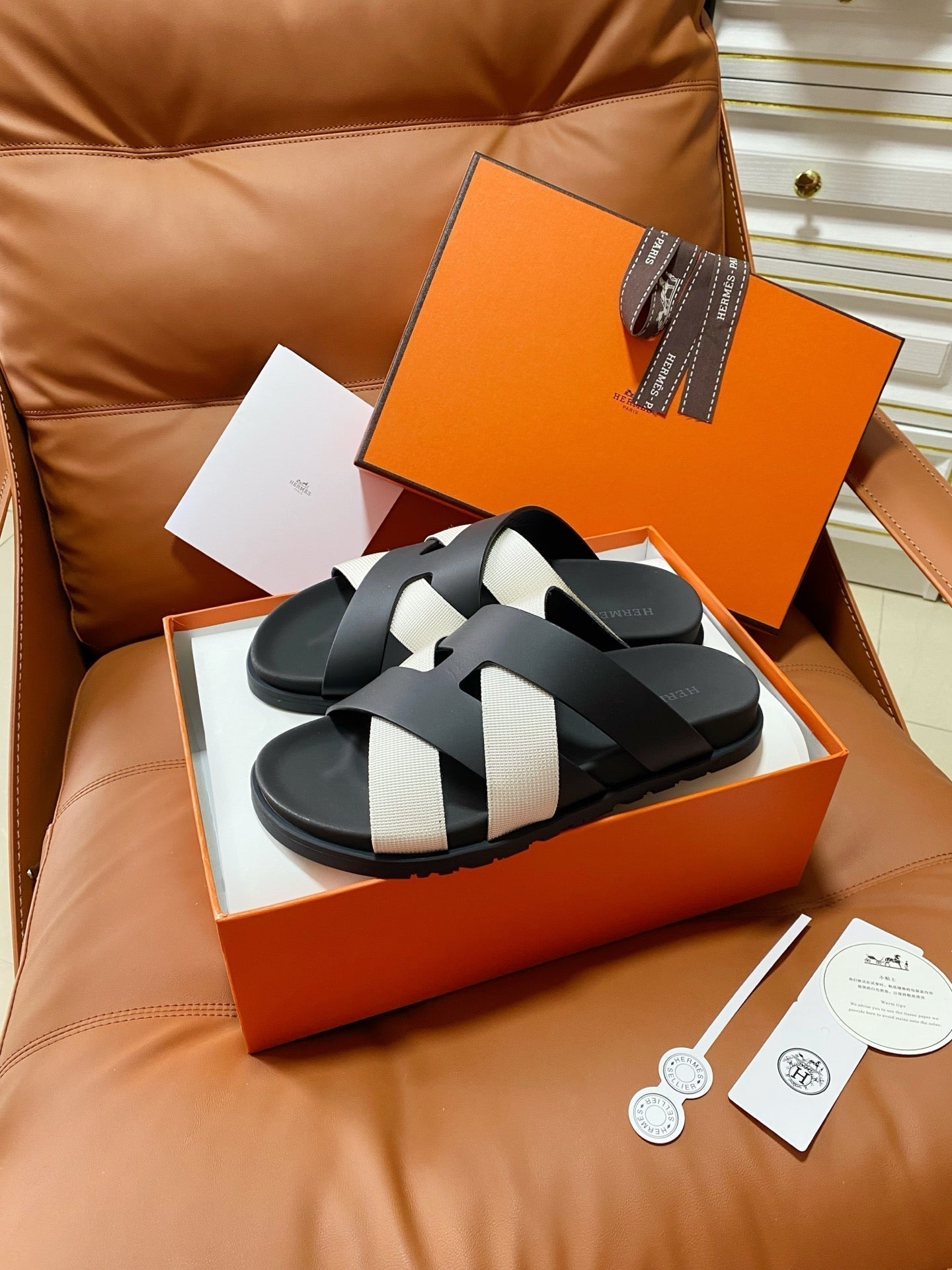 HM 2026 Cross Sandals Black White Canvas Calfskin 667286