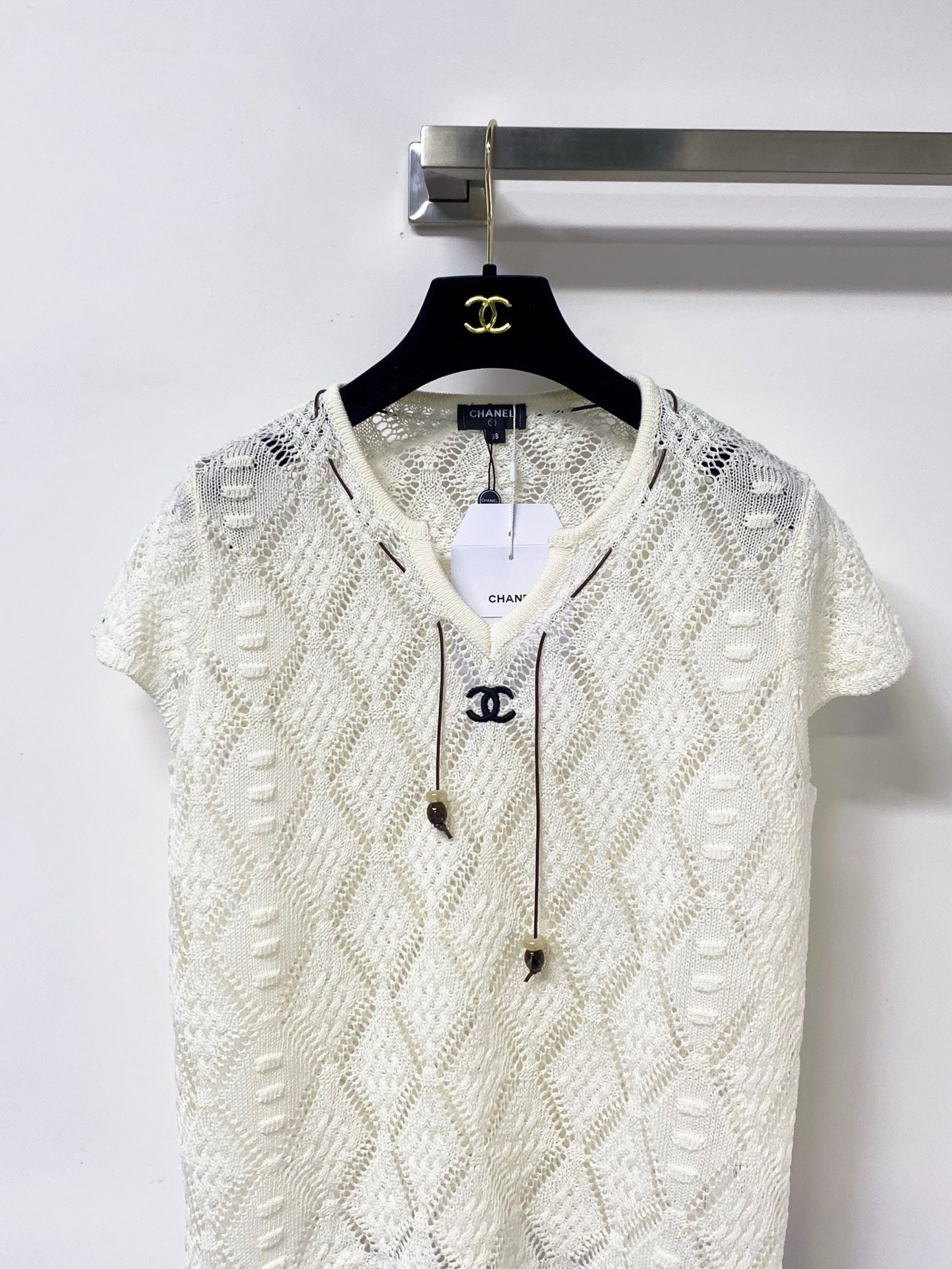 Chanel 2026 Hollow-Out Knit Top Drawstring Laine Wool 479951