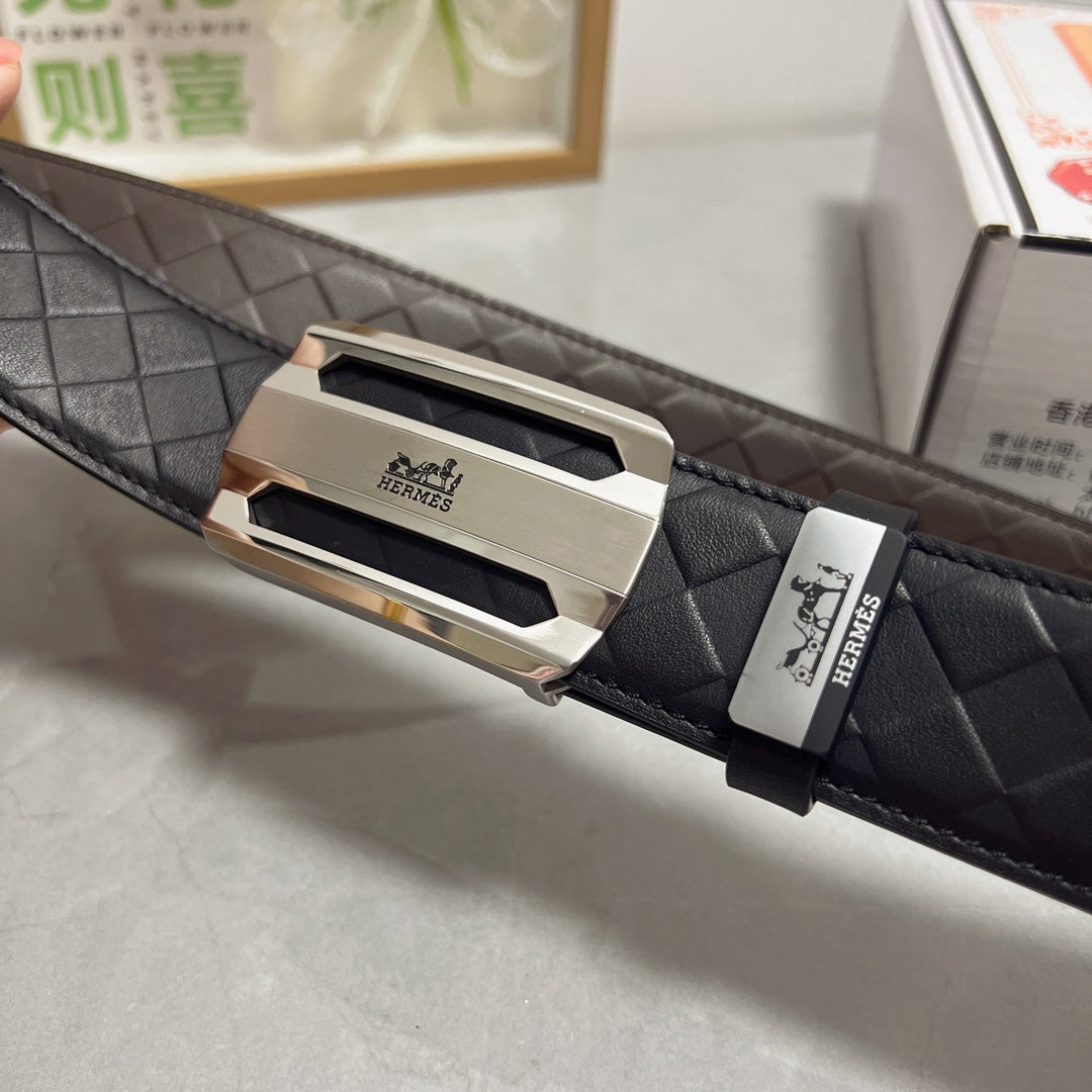 HM Belt 38mm Black Calfskin Leather Sliver Buckle 619595