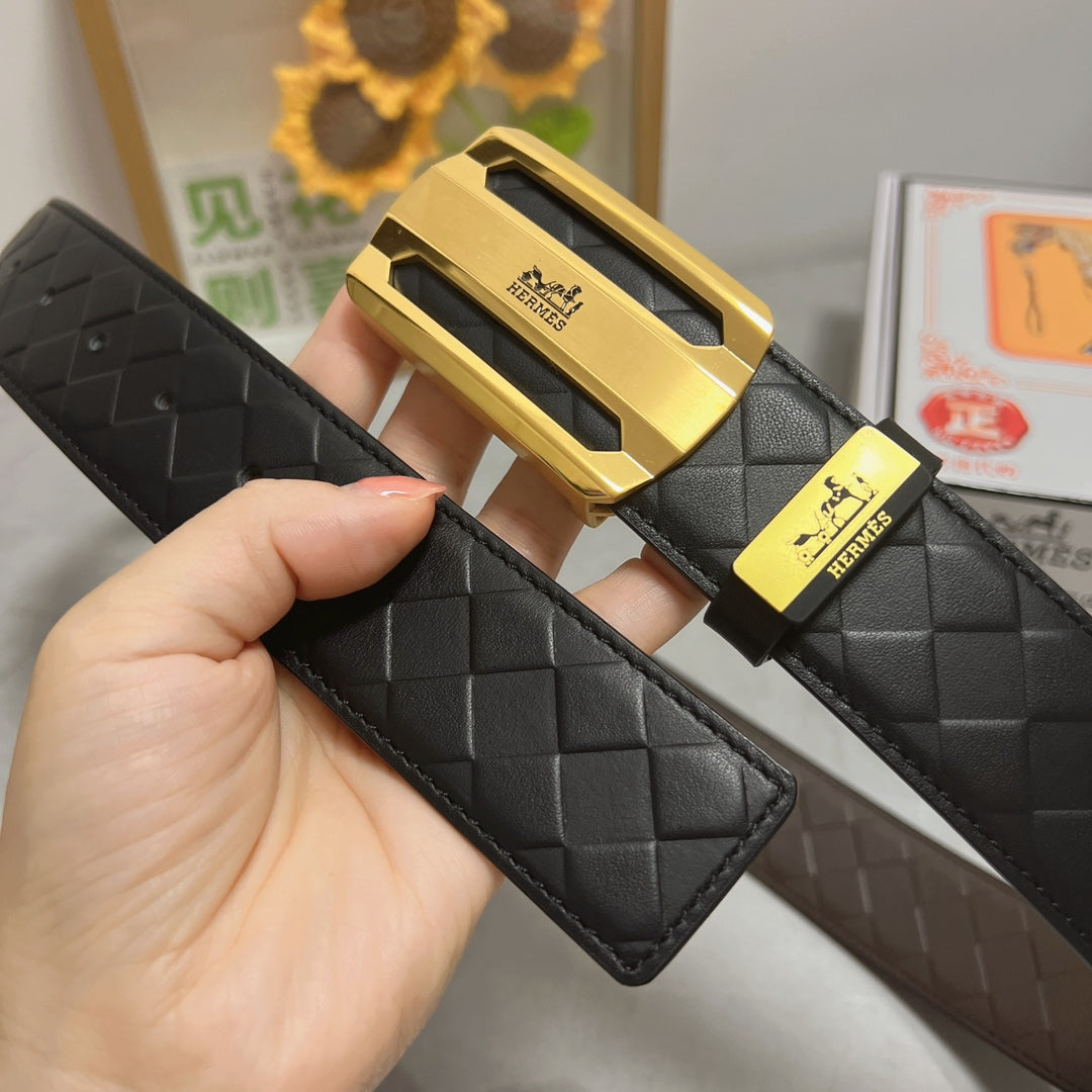 HM Belt 38mm Black Calfskin Leather Gold Buckle 619596