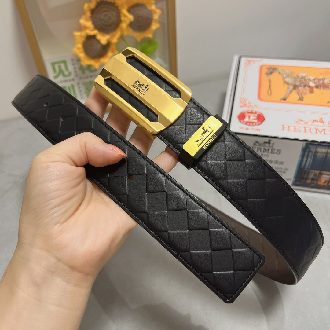 HM Belt 38mm Black Calfskin Leather Gold Buckle 619596