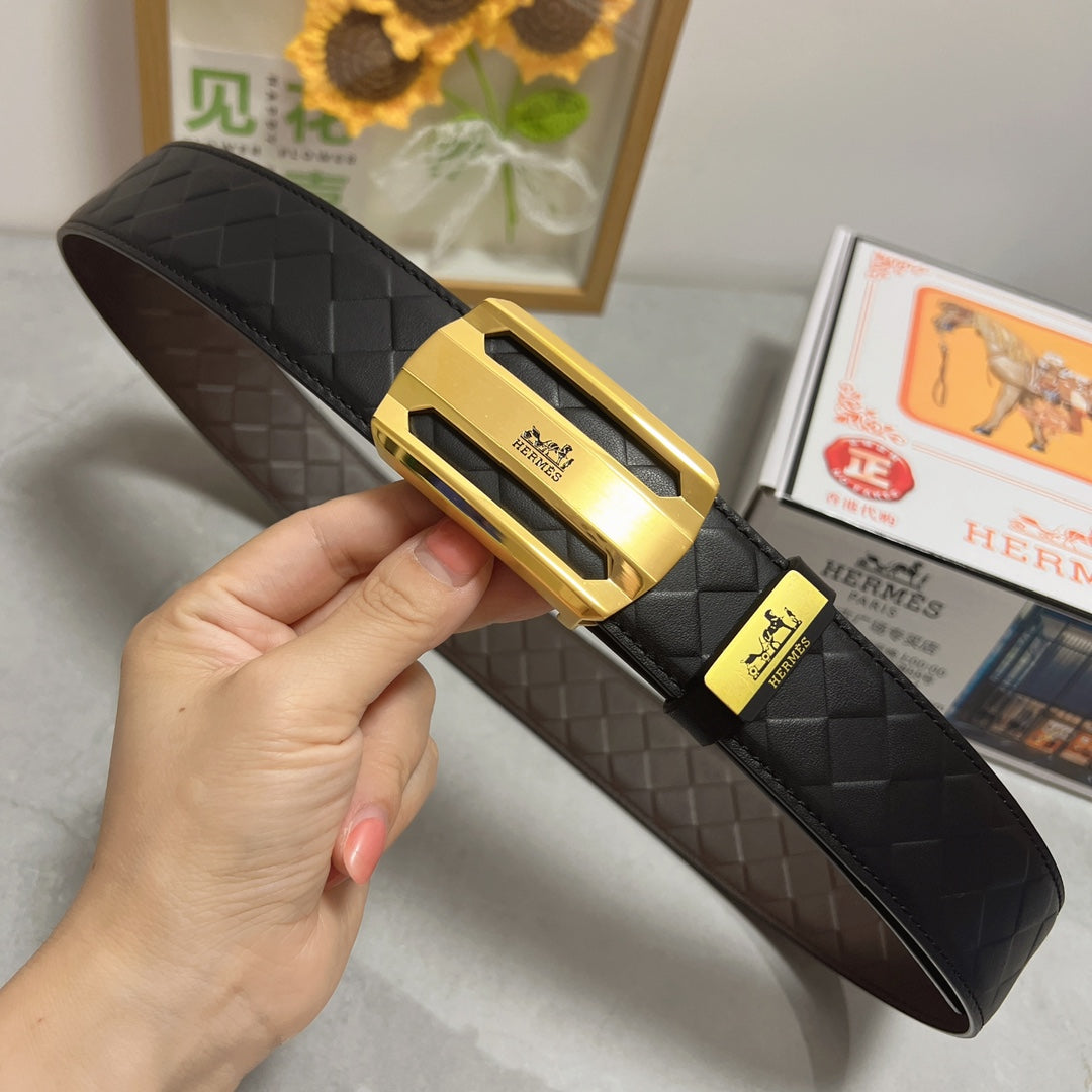 HM Belt 38mm Black Calfskin Leather Gold Buckle 619596