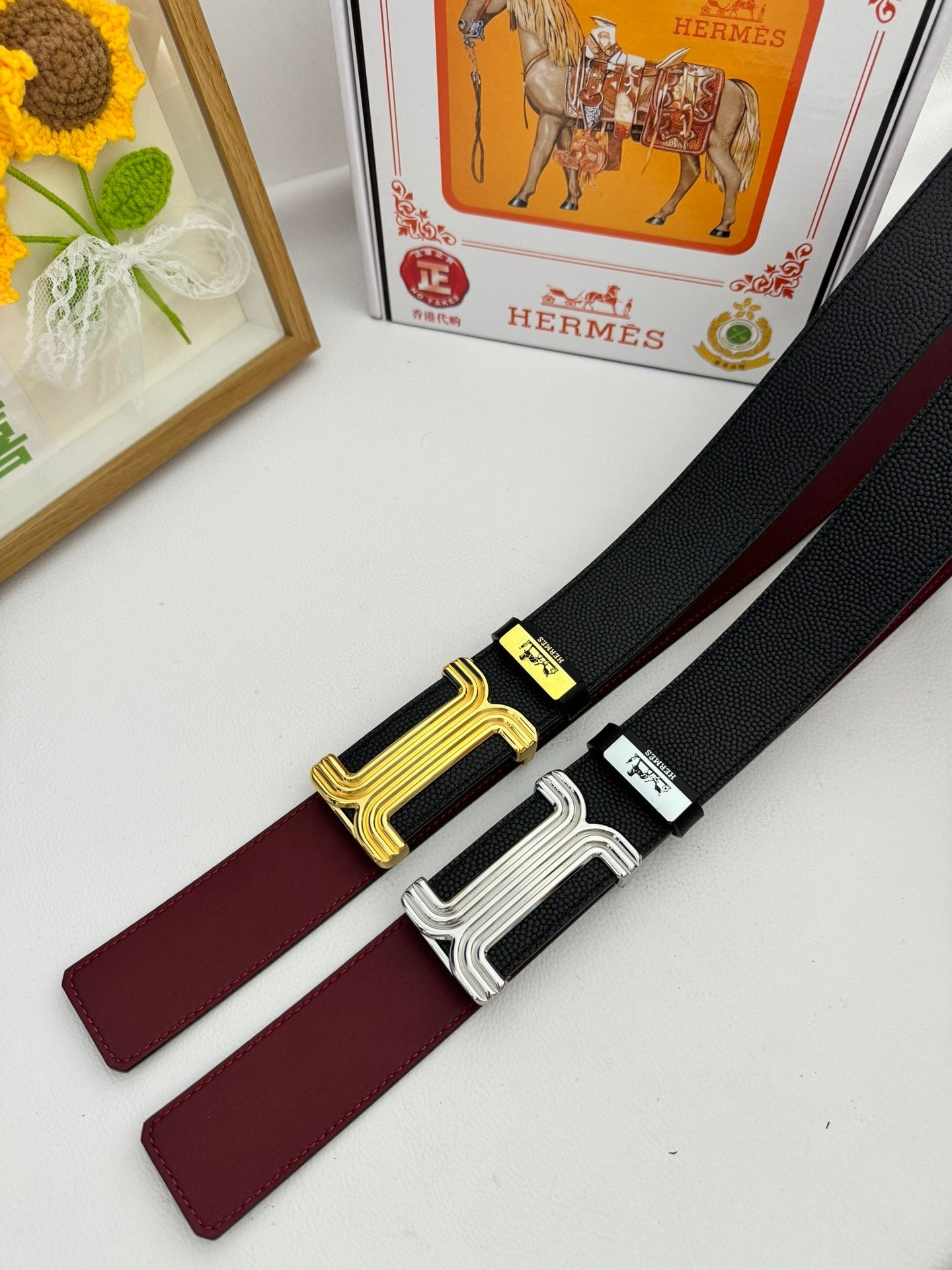 HM Belt 38mm Black Red Cowhide Leather Sliver Buckle 619013