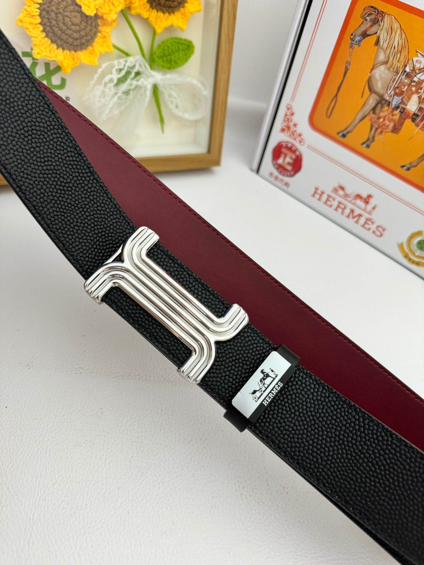 HM Belt 38mm Black Red Cowhide Leather Sliver Buckle 619013
