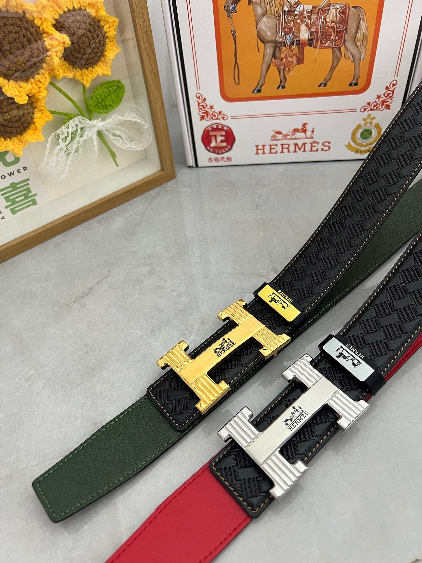 HM Belt 38mm Black Red Cowhide Leather Sliver Buckle 618970