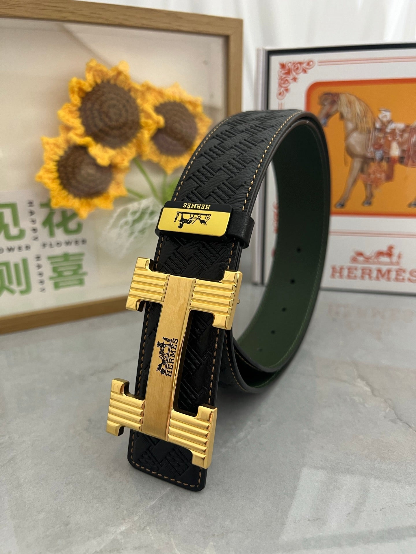 HM Belt 38mm Black Cowhide Leather Gold Buckle 618971