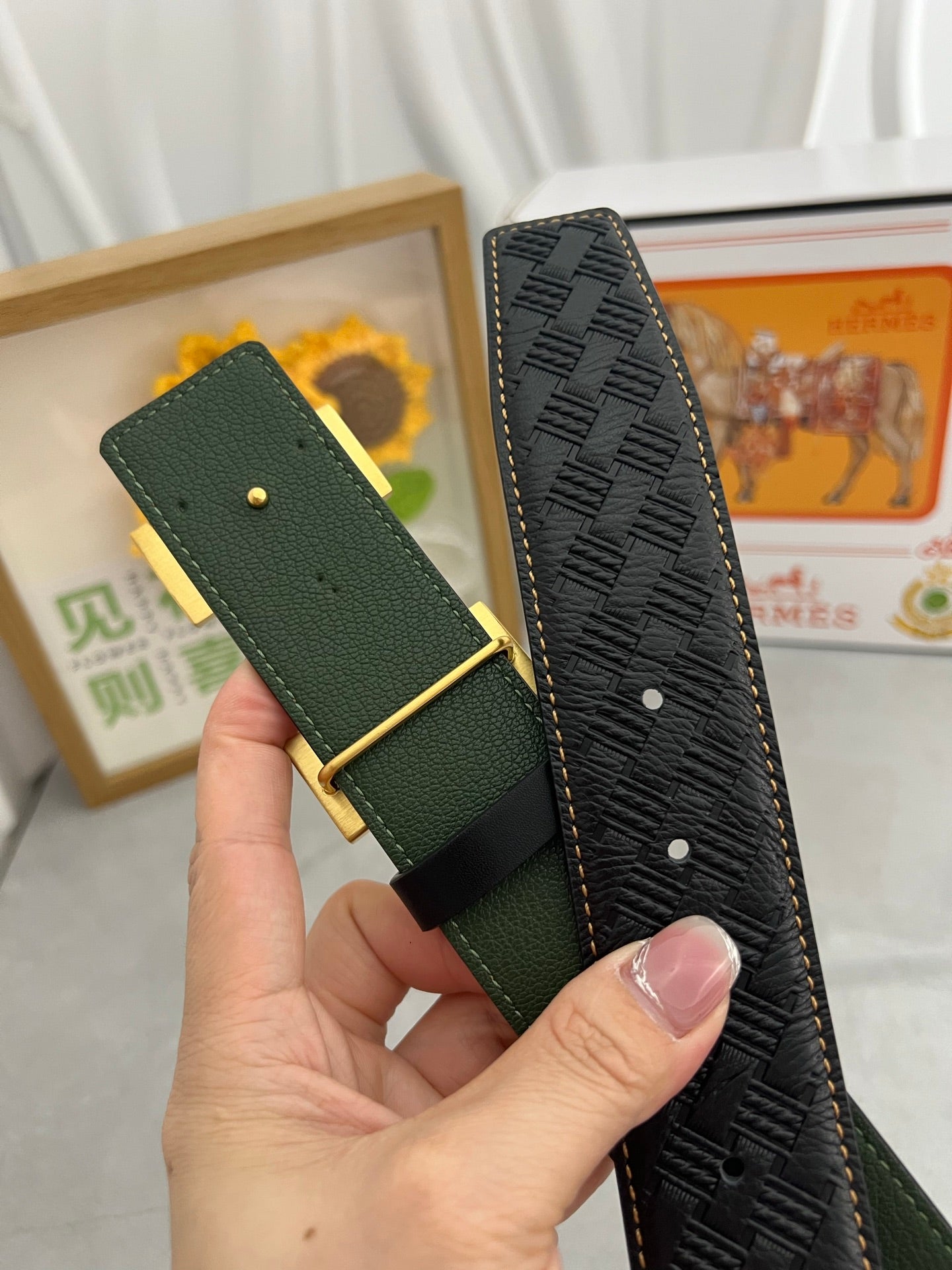 HM Belt 38mm Black Cowhide Leather Gold Buckle 618971