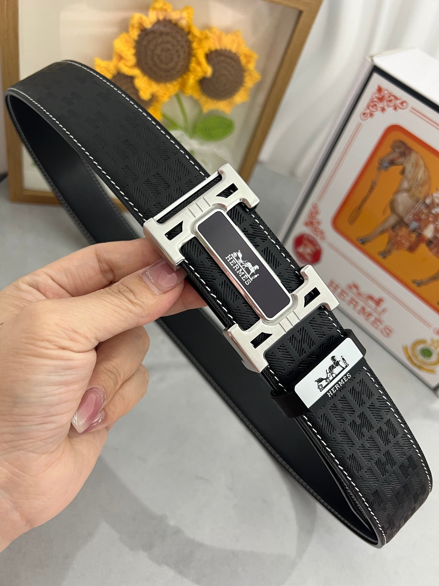 HM Constance Belt 38mm Black Cowhide Sliver Buckle 619788