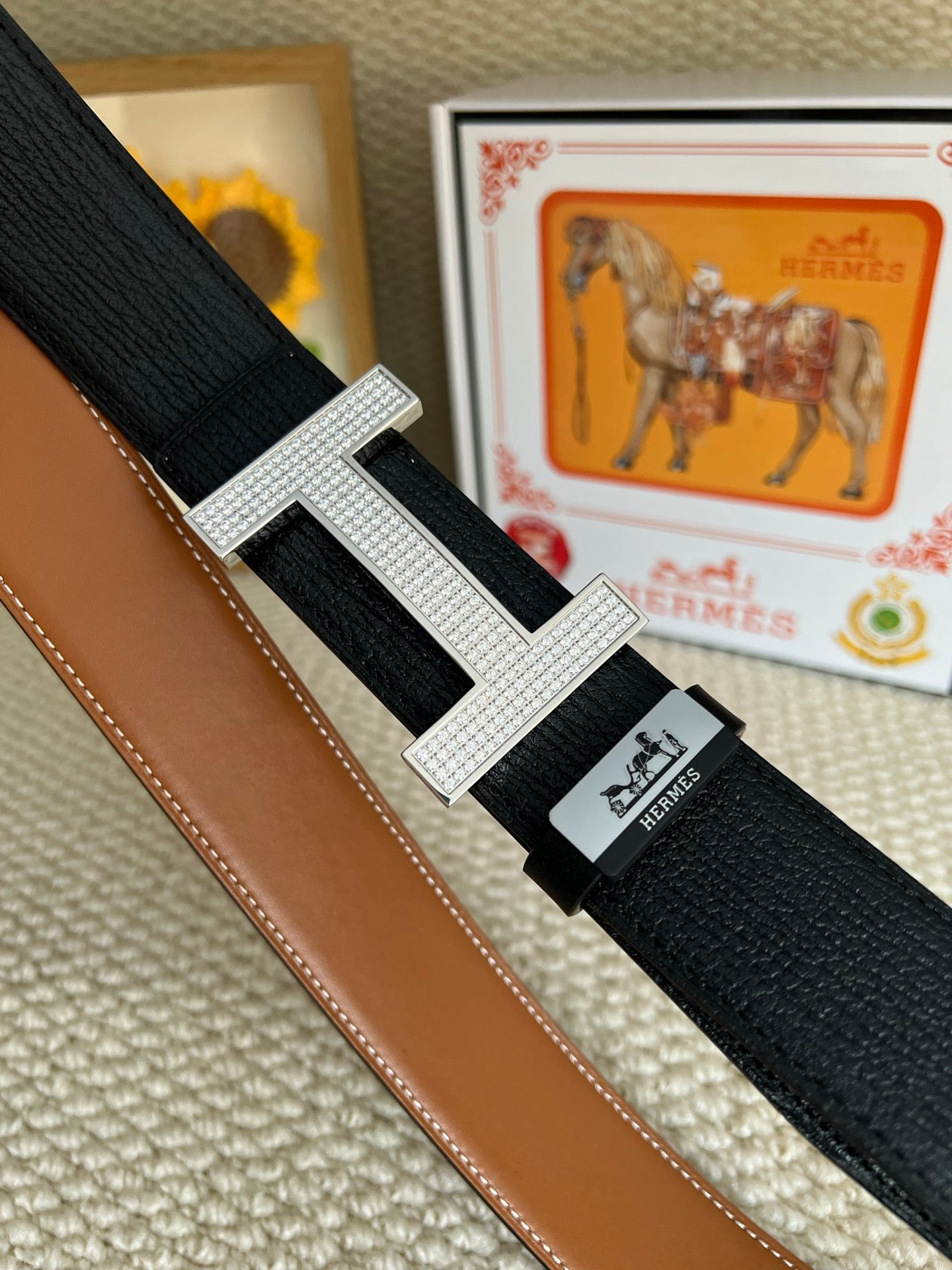 HM Belt 38mm Black Brown Cowhide Sliver Diamond Buckle 618967