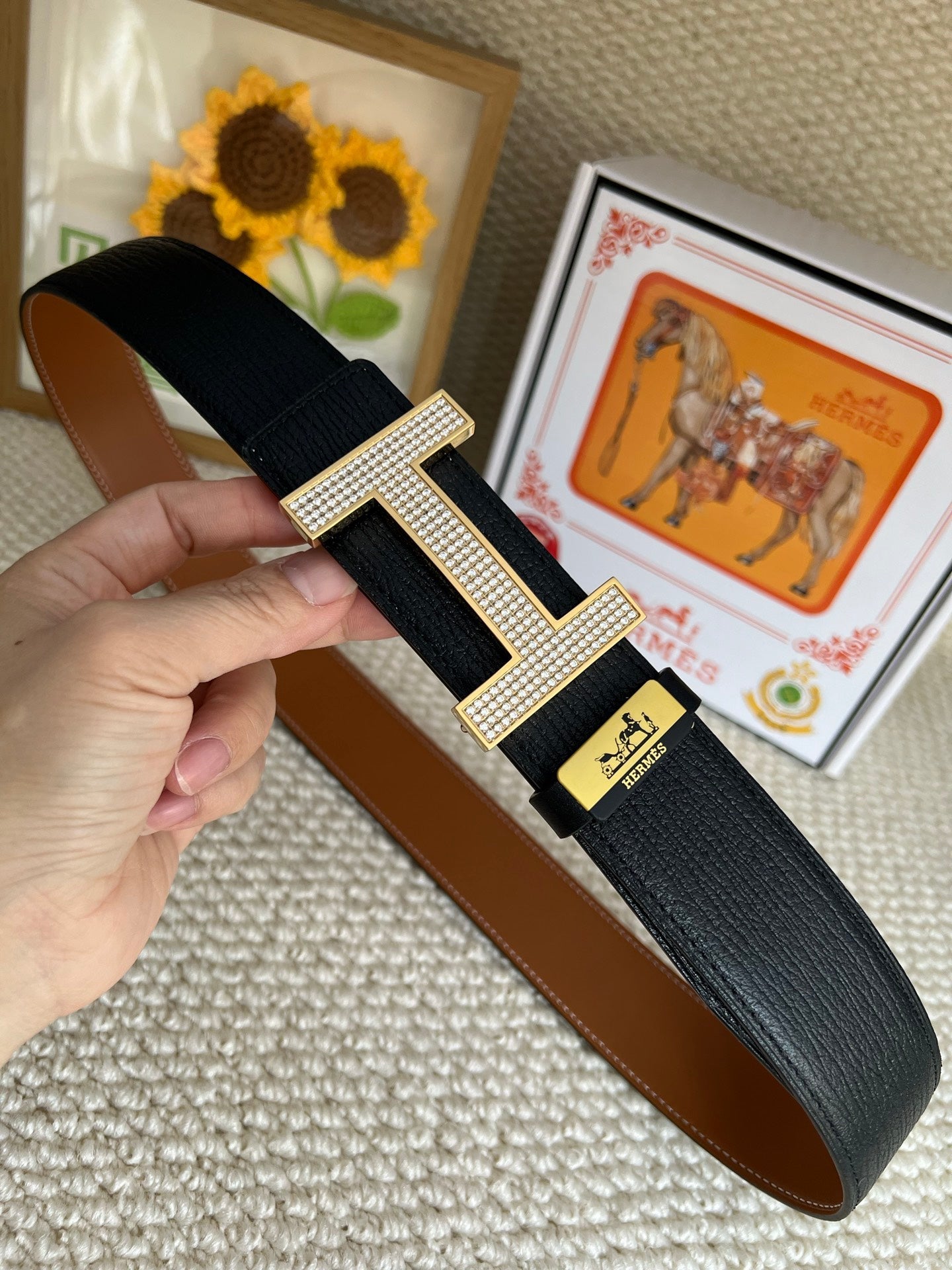 HM Belt 38mm Black Brown Cowhide Gold Diamond Buckle 618968