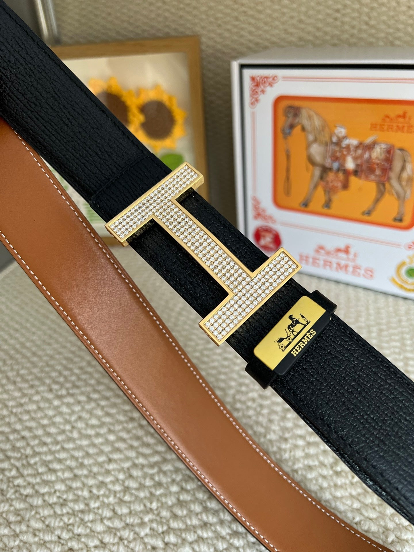 HM Belt 38mm Black Brown Cowhide Gold Diamond Buckle 618968