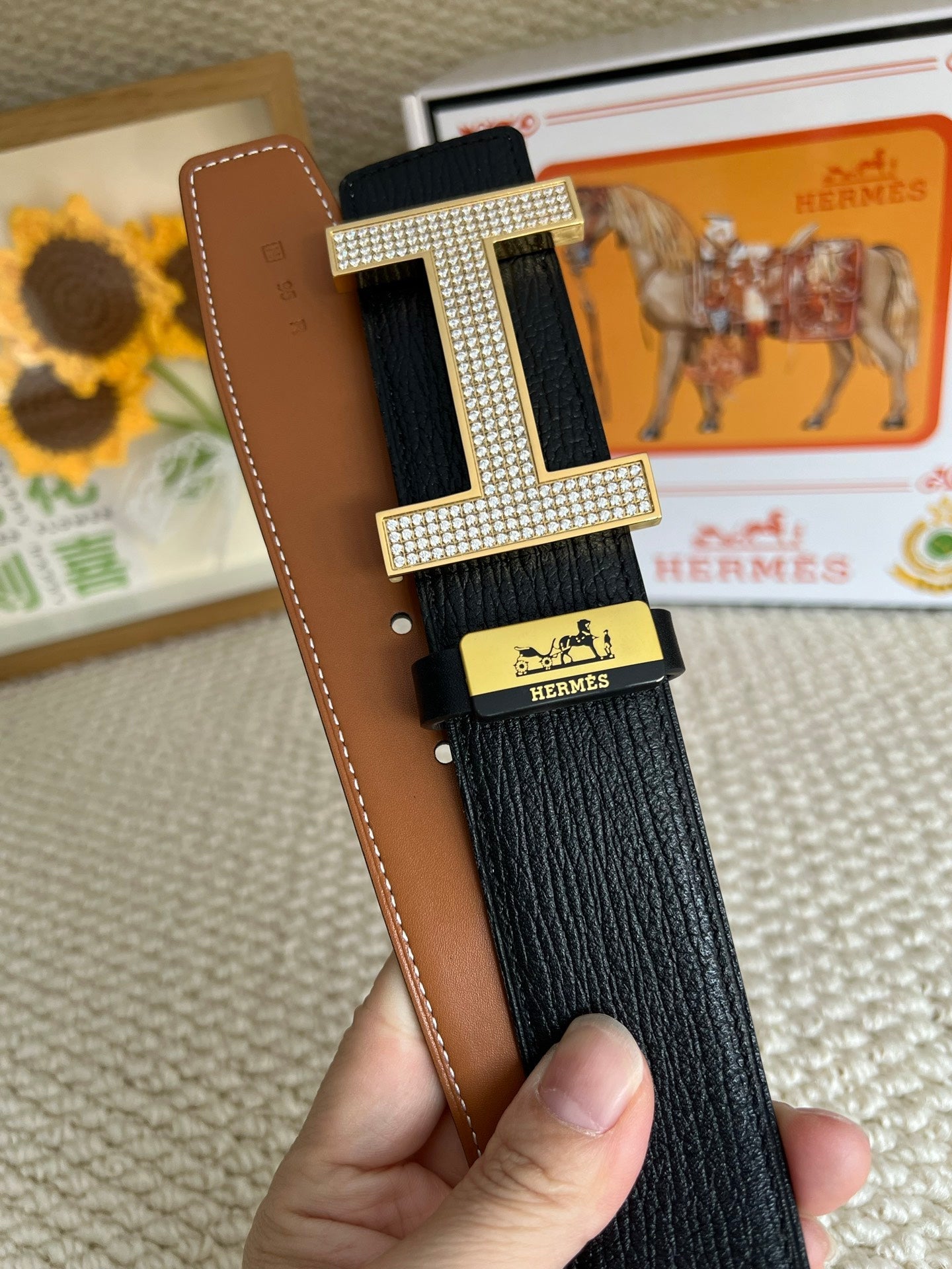 HM Belt 38mm Black Brown Cowhide Gold Diamond Buckle 618968