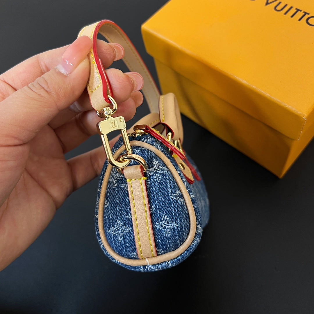 LV Micro Speed Bag Charm Blue Beige Canvas Leather