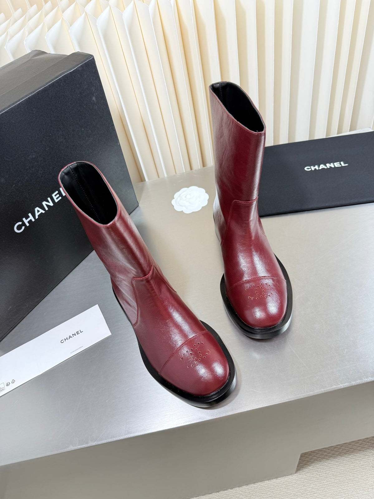 Chanel 2026 Perforated Toe Boots Burgundy Patent Leather 123448