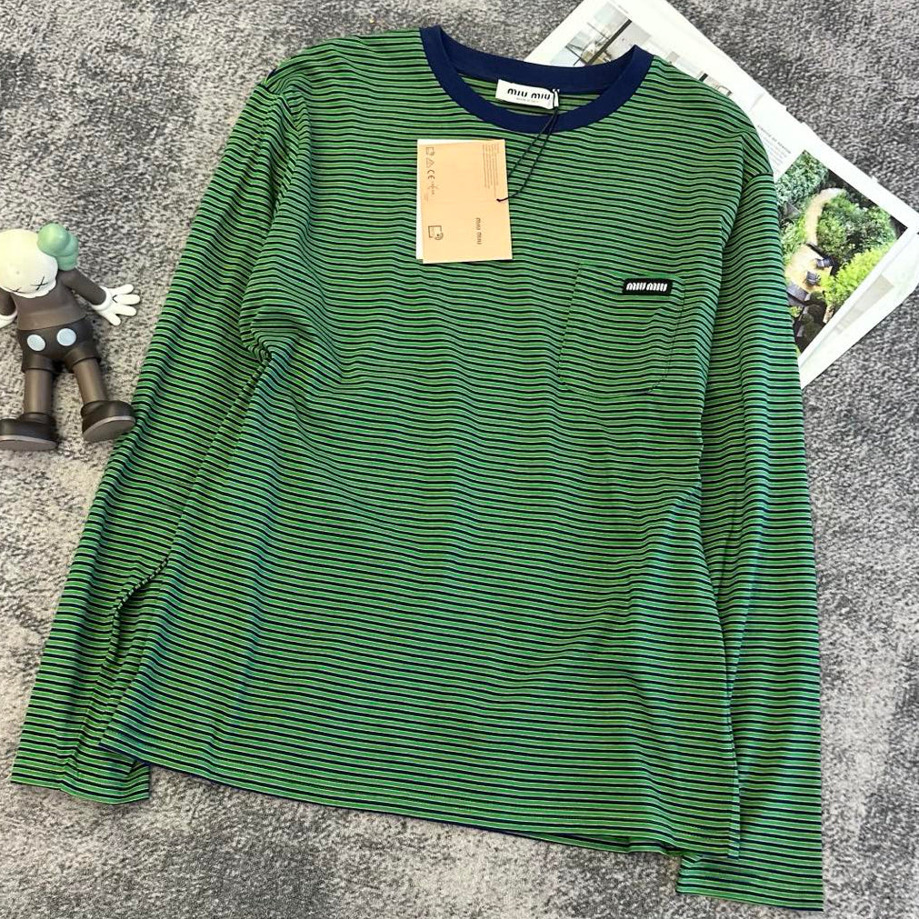 Miumiu 2026 Striped Long-sleeved Shirt Green Mix Blue Cotton 420187