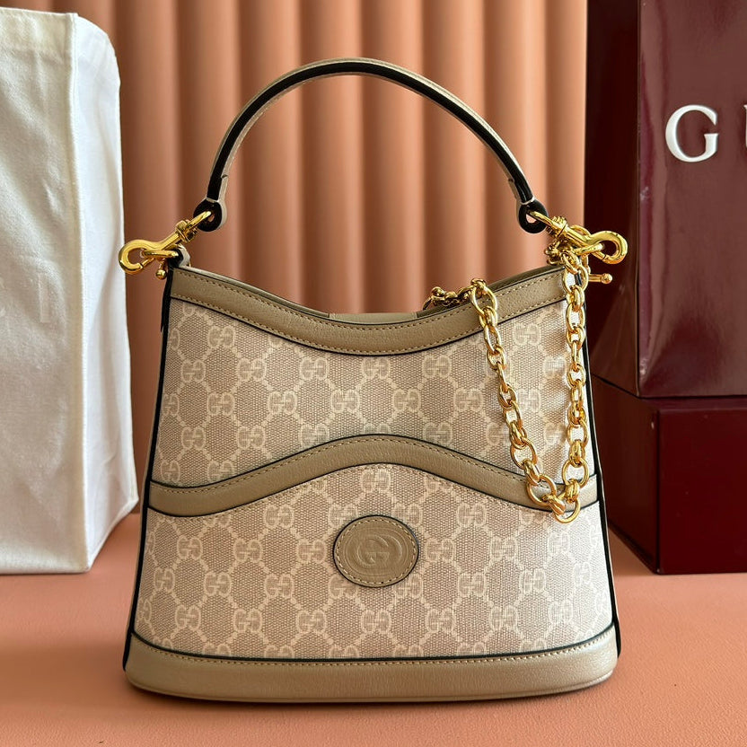 GG 2025 Interlocking G Large 25cm Bag Beige Canvas Leather 273678