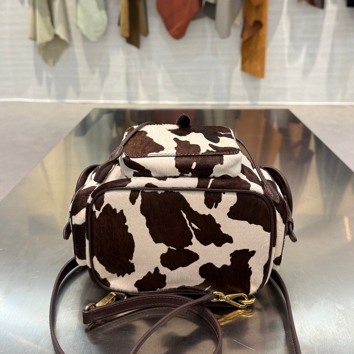 MiuMiu 2026 Calf Hair Backpack 18cm Brown White Suede