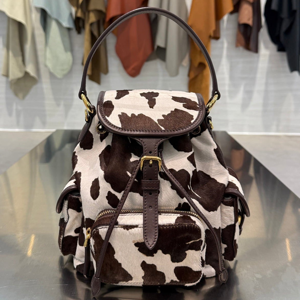 MiuMiu 2026 Calf Hair Backpack 18cm Brown White Suede