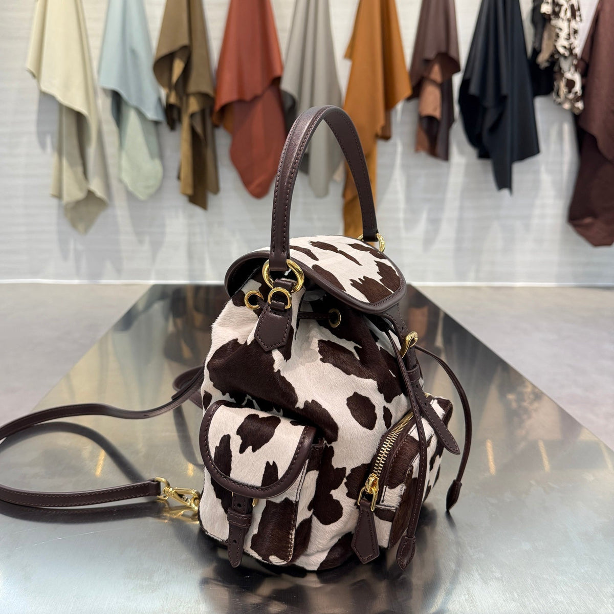 MiuMiu 2026 Calf Hair Backpack 18cm Brown White Suede