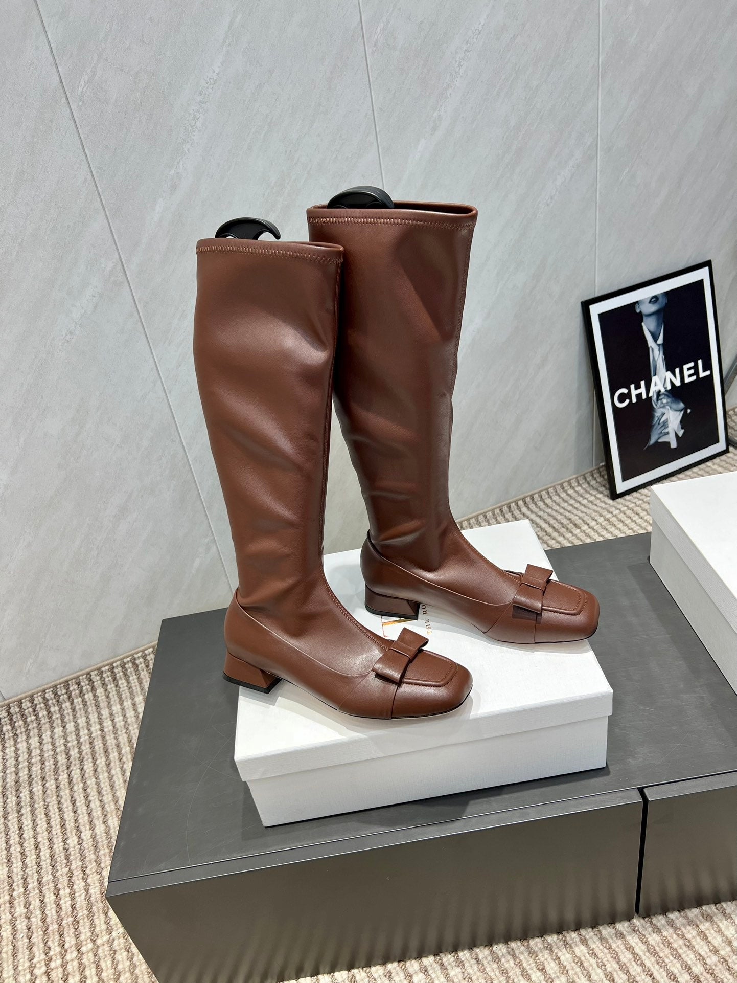 The Row 2025 Square Toe And Bow Accent Long Boot Brown Sheepskin 540514