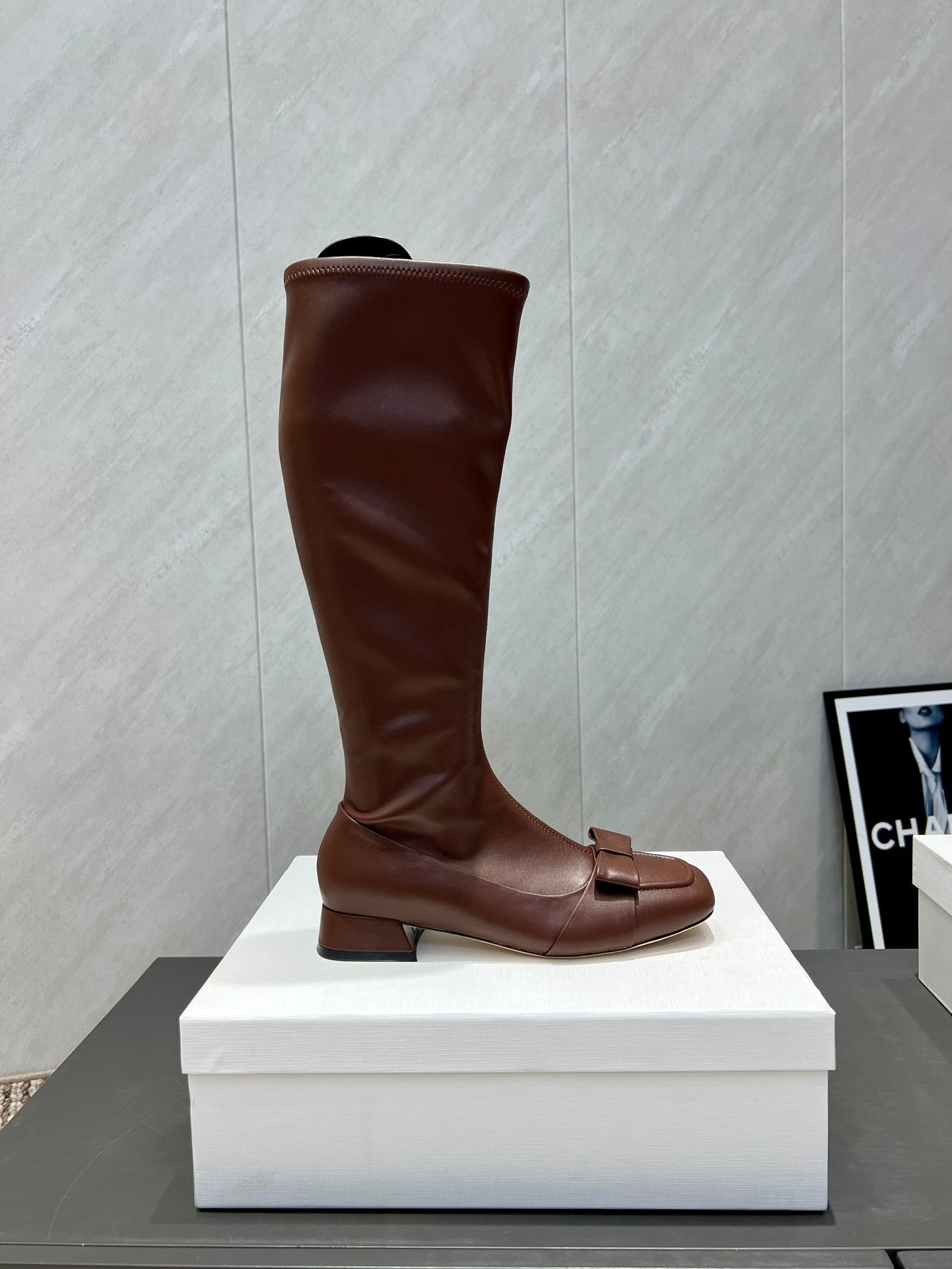 The Row 2025 Square Toe And Bow Accent Long Boot Brown Sheepskin 540514