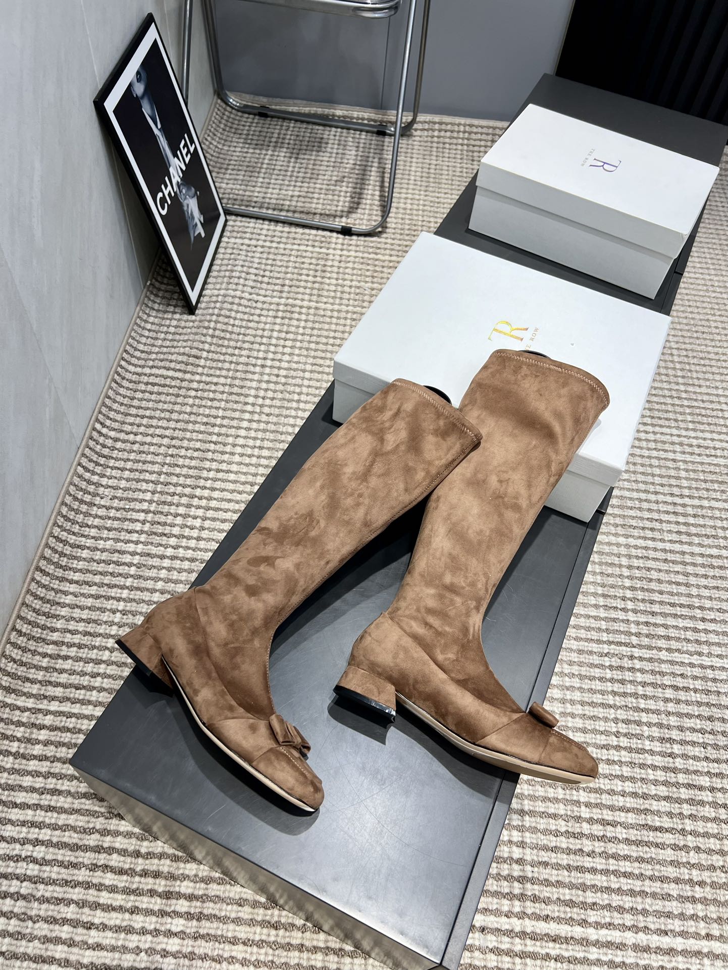 The Row 2025 Square Toe And Bow Accent Long Boot Brown Suede 540515