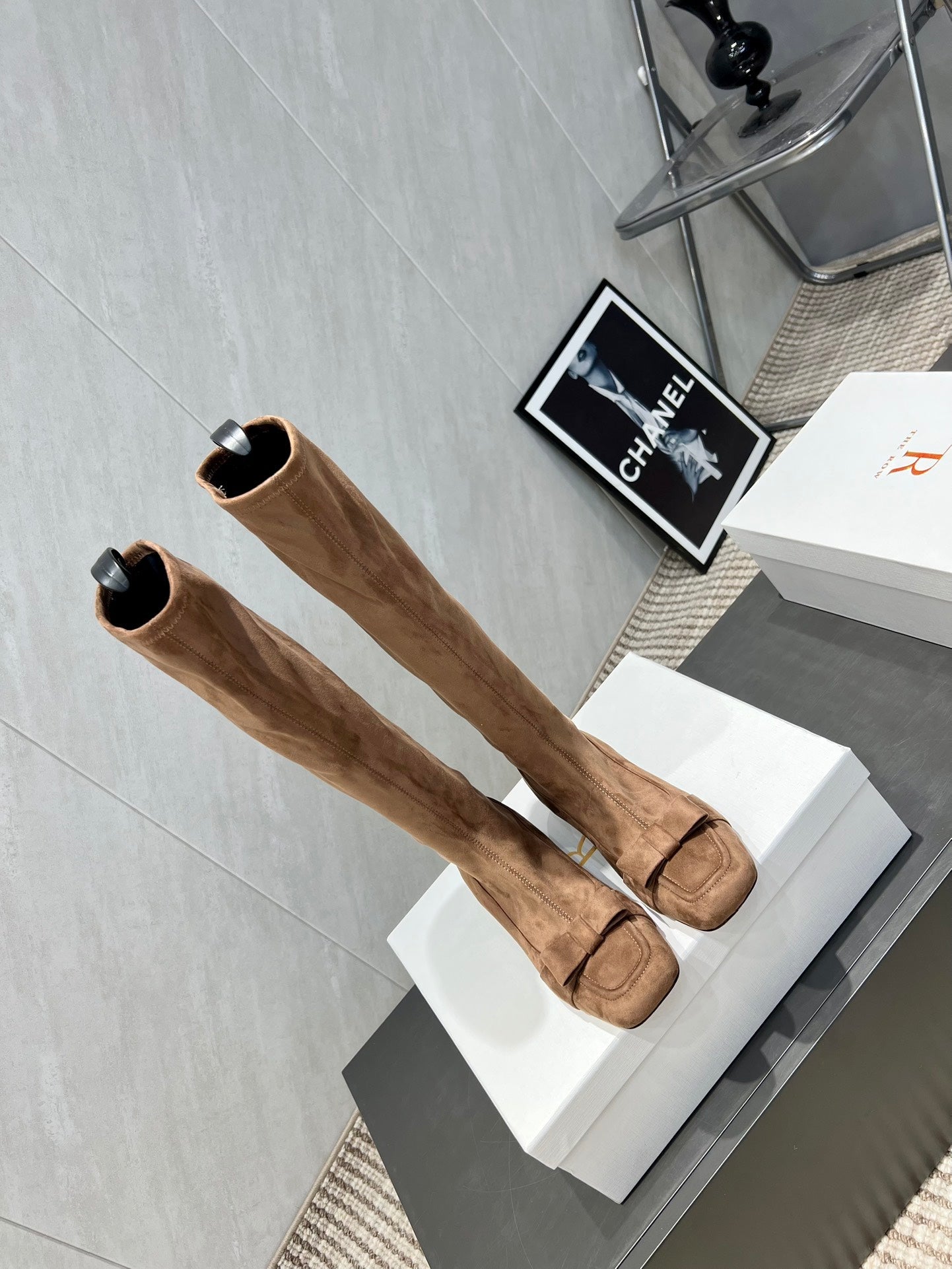 The Row 2025 Square Toe And Bow Accent Long Boot Brown Suede 540515