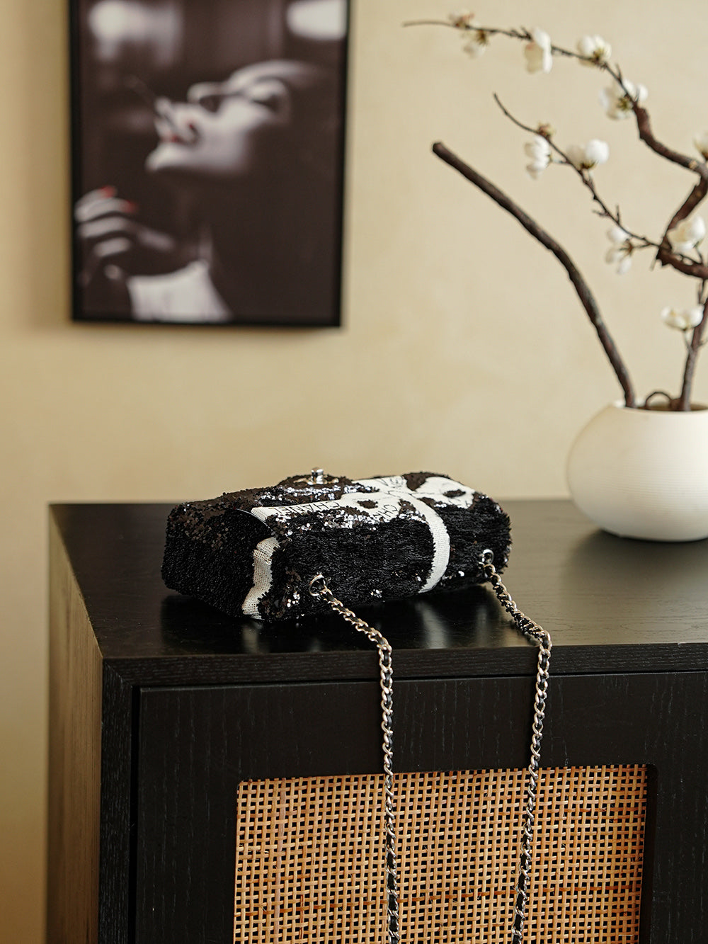 CC 2025 Bow Flap Bag Black White Sequin 308597