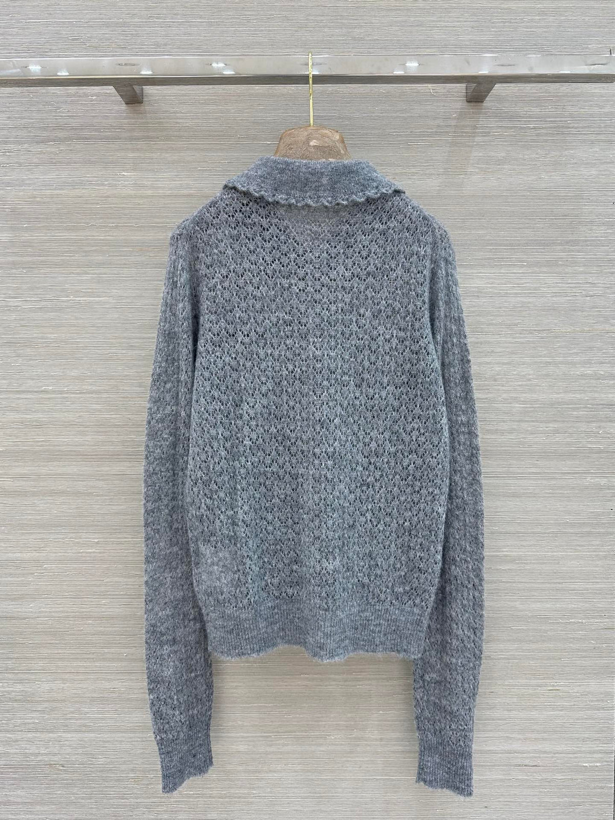 Miumiu 2026 Lace-trimmed Collared Knit Cardigan Grey Wool 837496