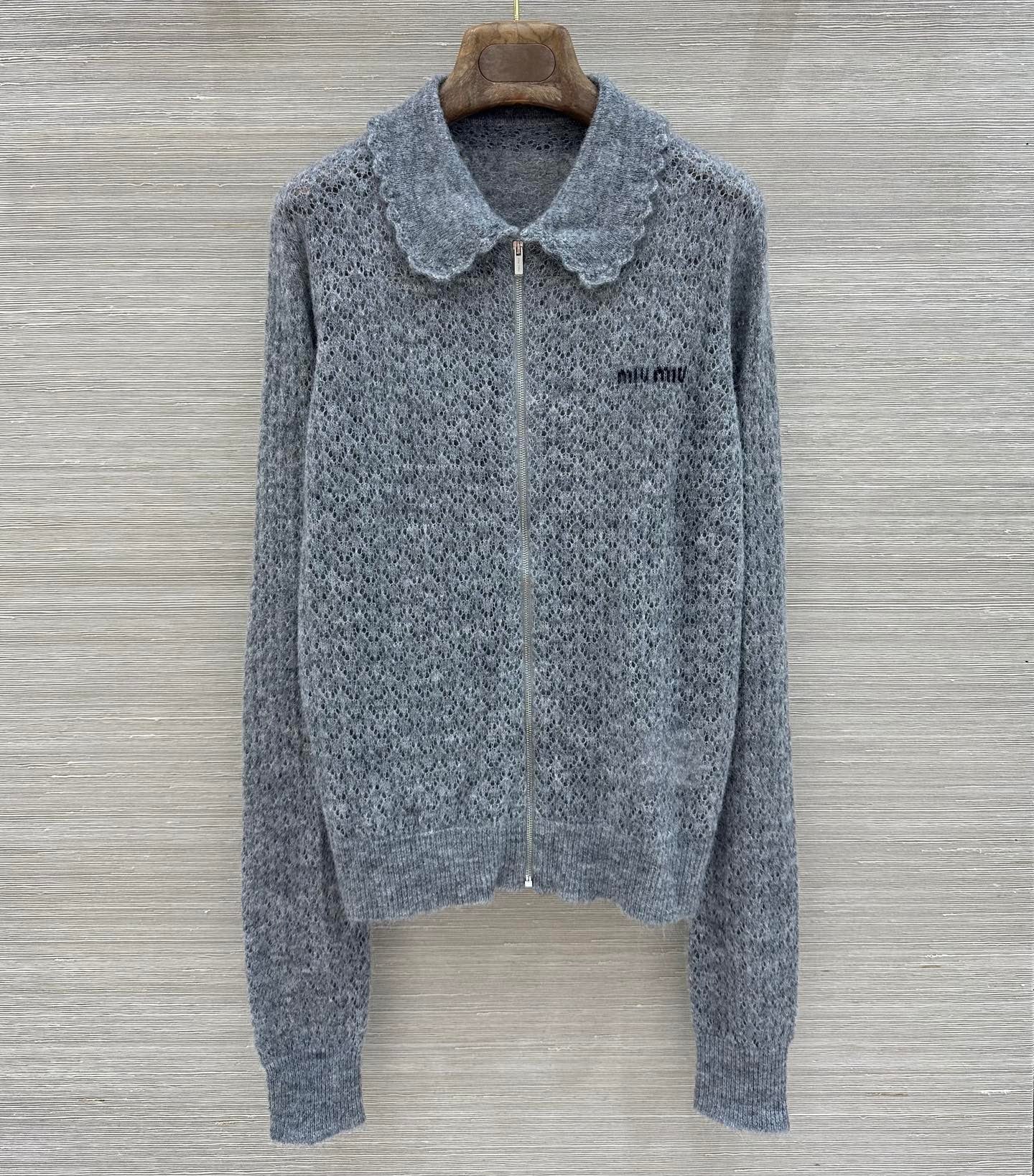 Miumiu 2026 Lace-trimmed Collared Knit Cardigan Grey Wool 837496