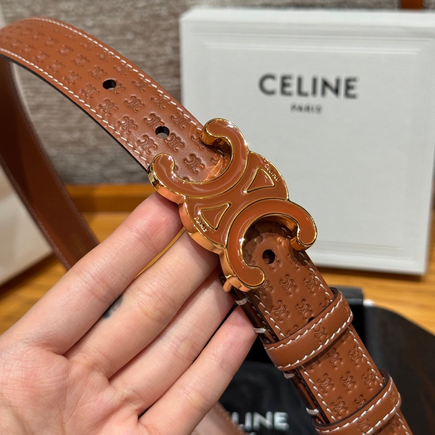 CL Tan 25mm Triomphe Enamel Monogram Brown Calfskin 597407