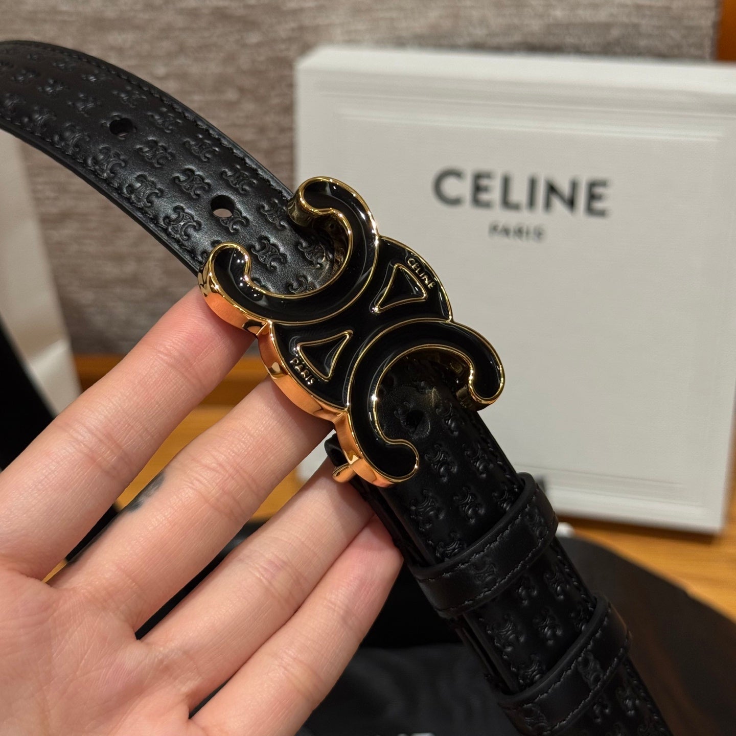 CL Black Gold 25mm Triomphe Enamel Monogram Black Calfskin 597408