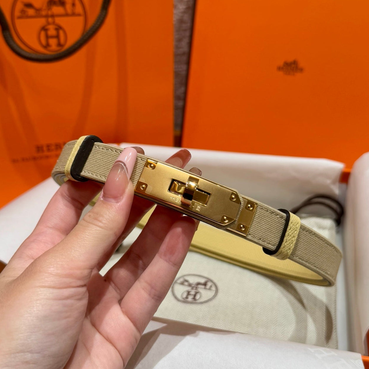 HM Kelly Belt 18mm Beige Canvas Epsom Leather Gold Buckle