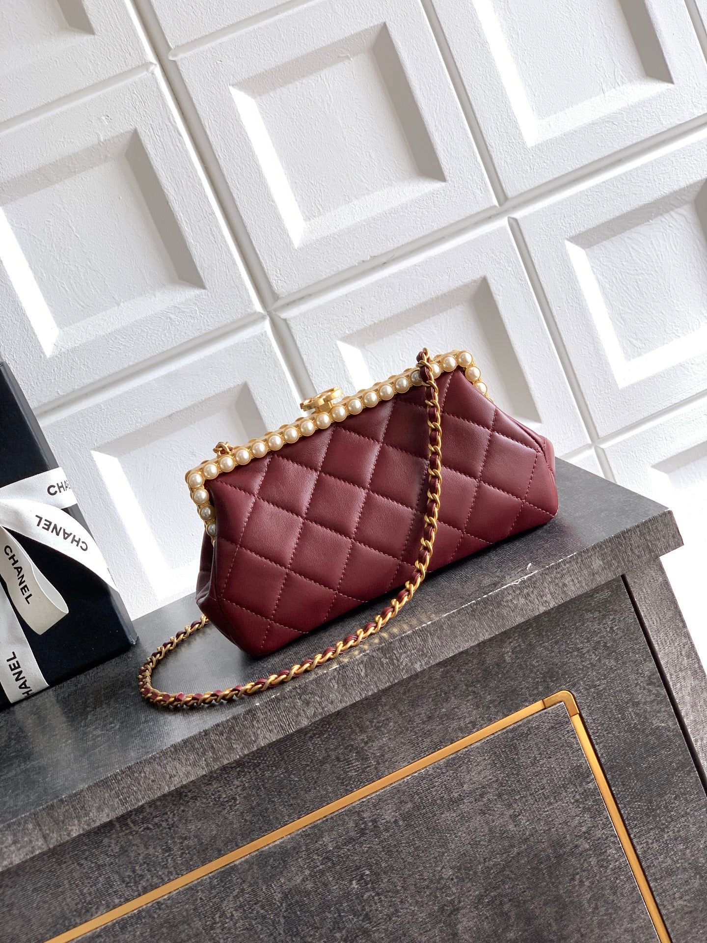 Chanel 2026 Pearl Clutch Burgundy Gold Lambskin 321878